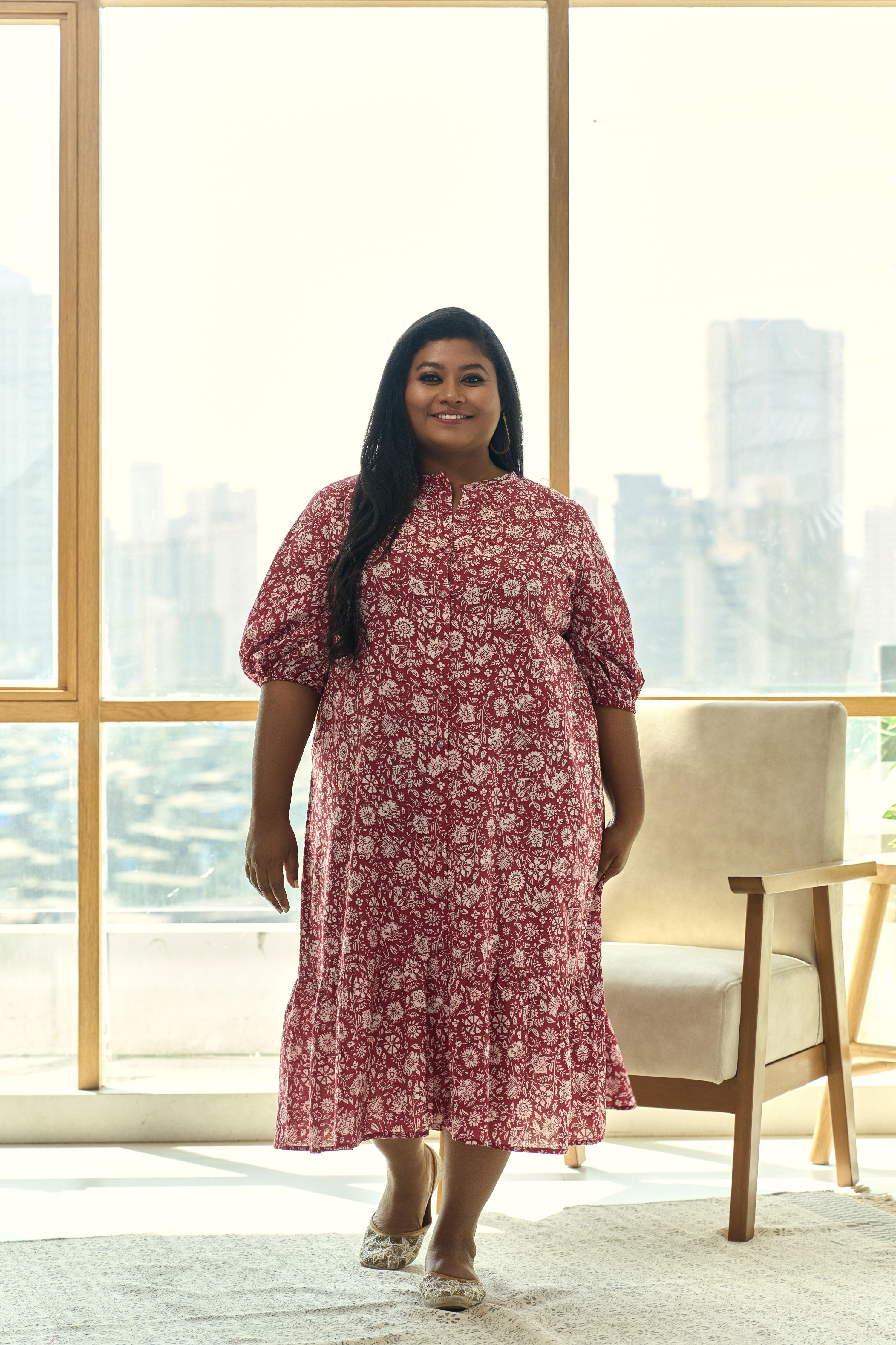 Women's Red Floral Print Tiered Cotton Maxi Dress - Nangalia Ruchira