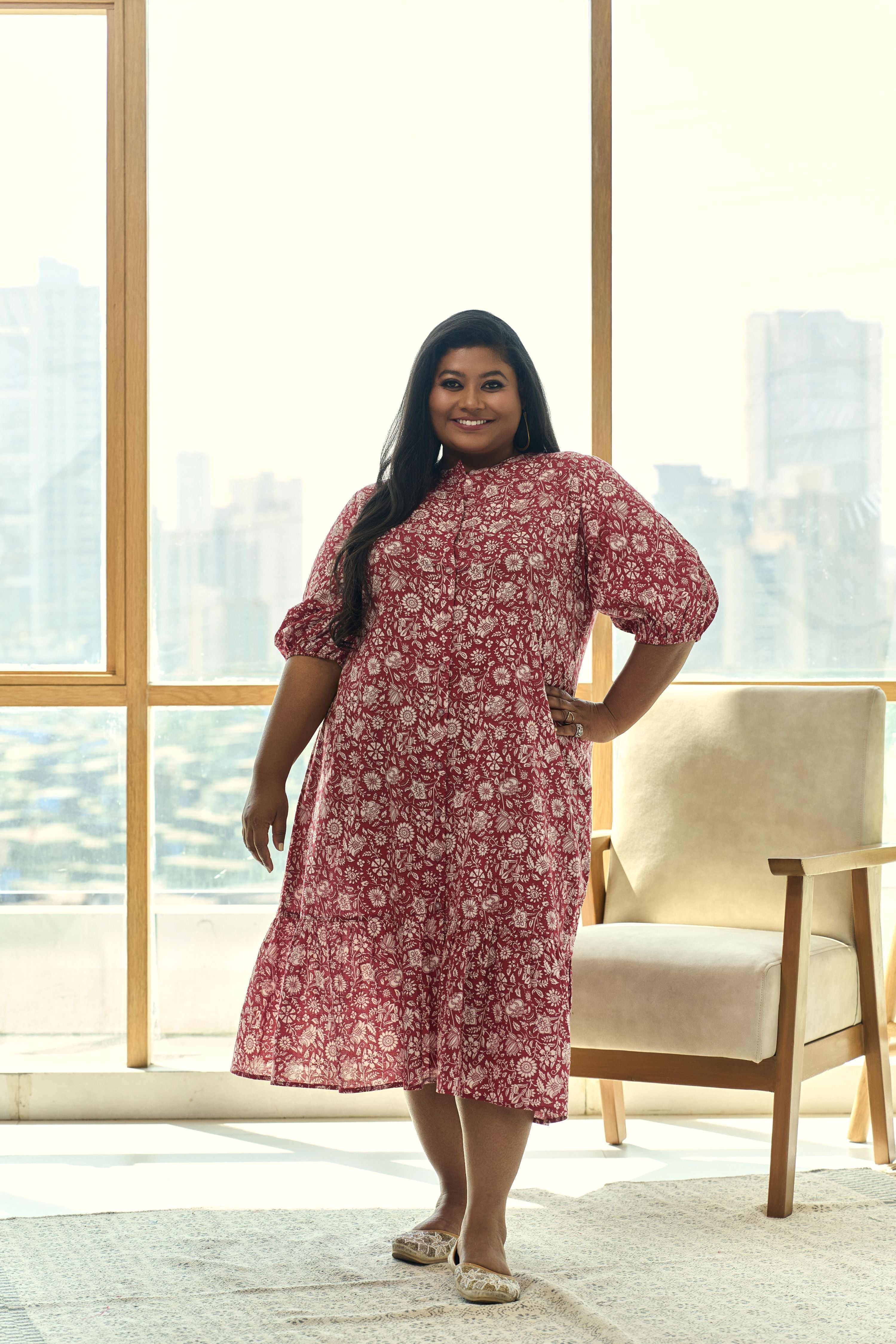 Women's Red Floral Print Tiered Cotton Maxi Dress - Nangalia Ruchira