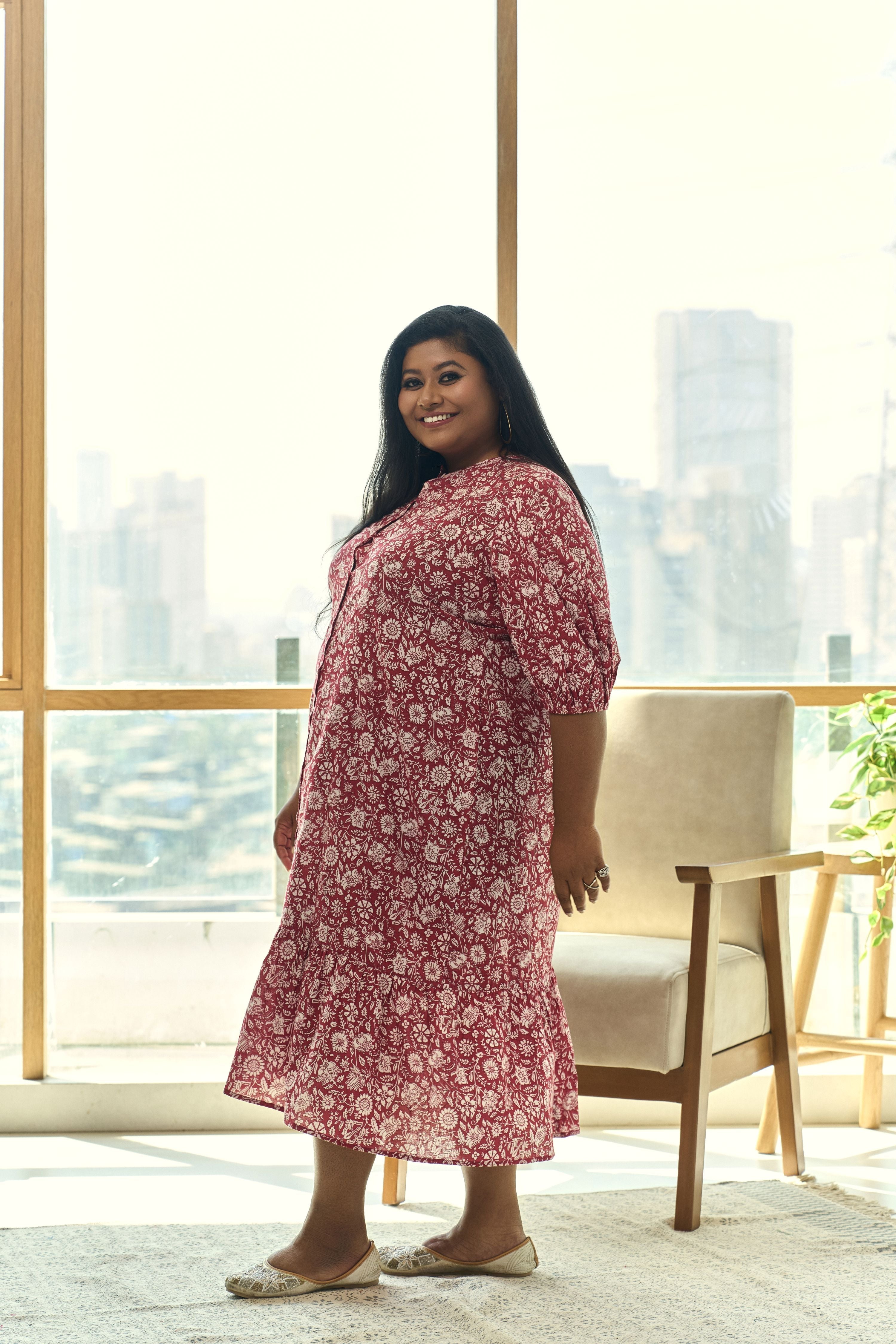 Women's Red Floral Print Tiered Cotton Maxi Dress - Nangalia Ruchira