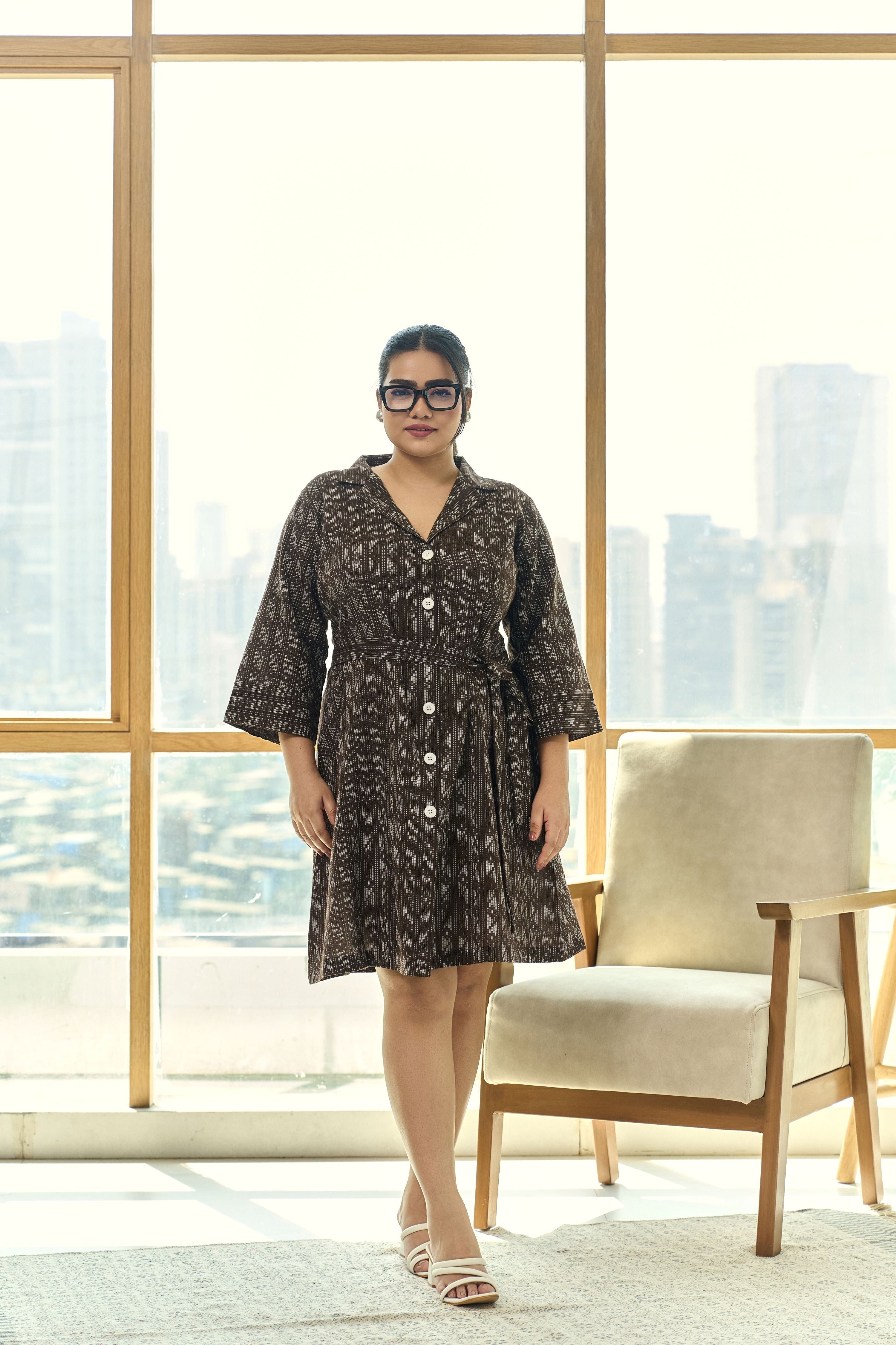 Women's Mocha Brown Ajrakh Print Kantha Cotton Shirt Dress With Belt - Nangalia Ruchira
