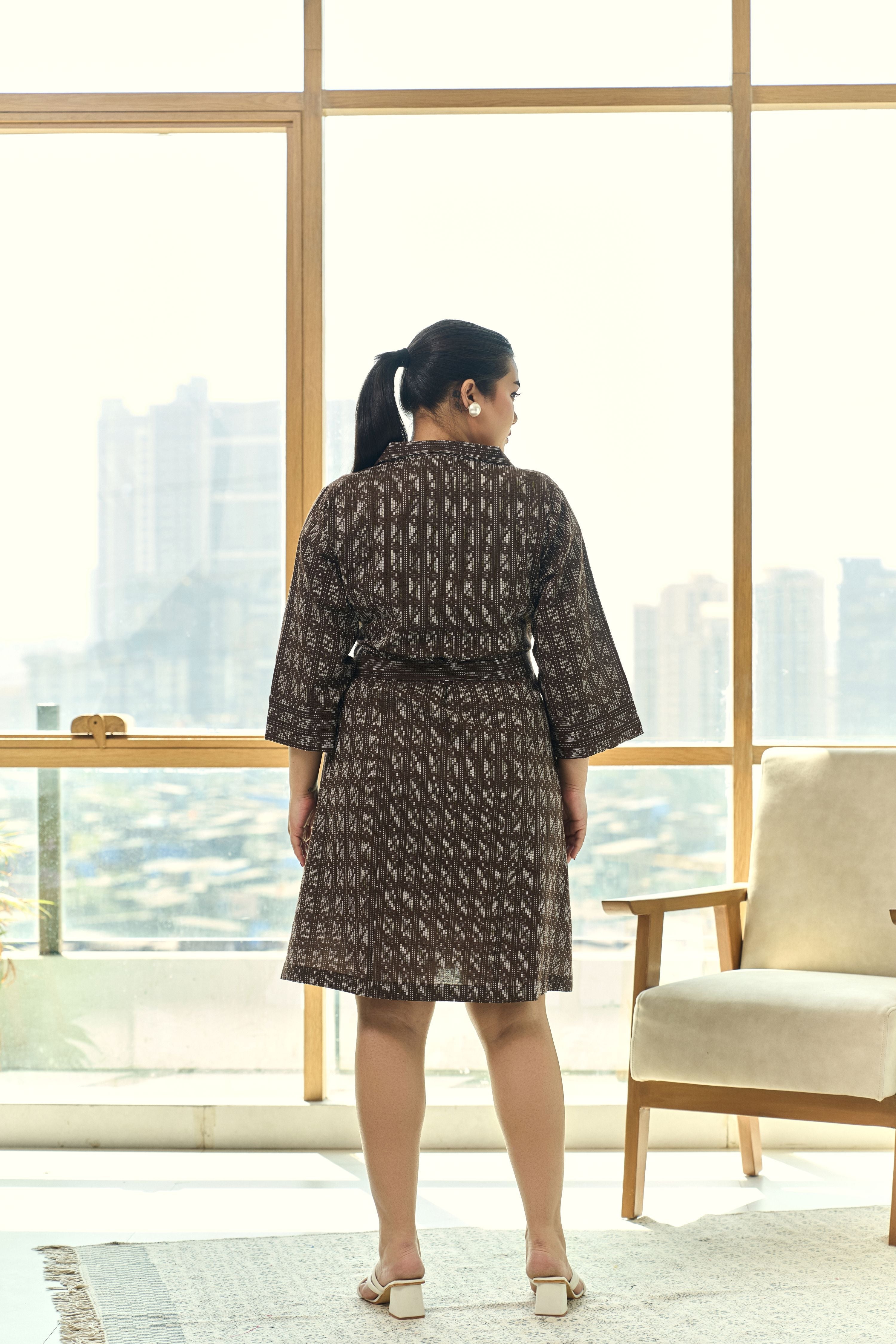 Women's Mocha Brown Ajrakh Print Kantha Cotton Shirt Dress With Belt - Nangalia Ruchira