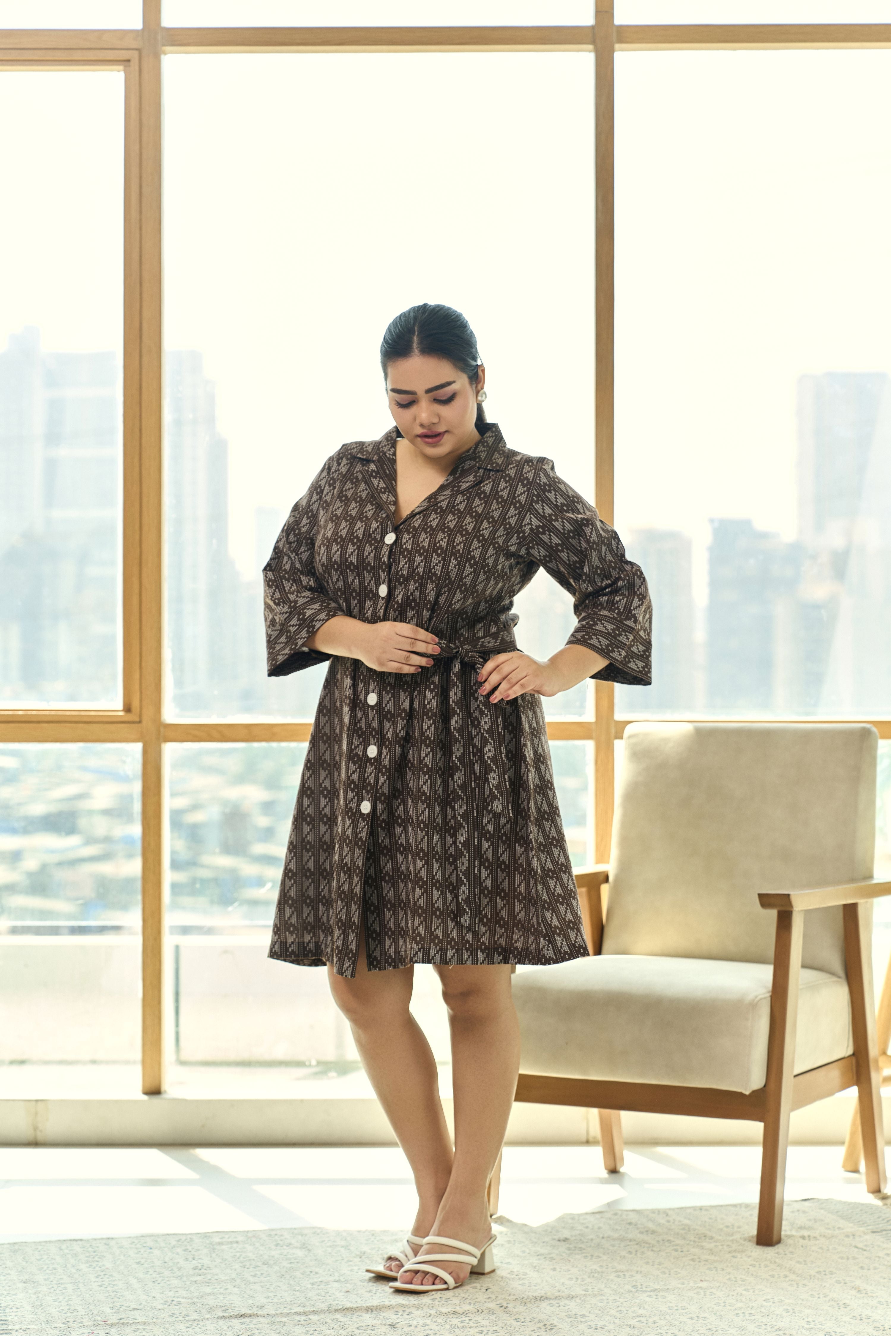 Women's Mocha Brown Ajrakh Print Kantha Cotton Shirt Dress With Belt - Nangalia Ruchira