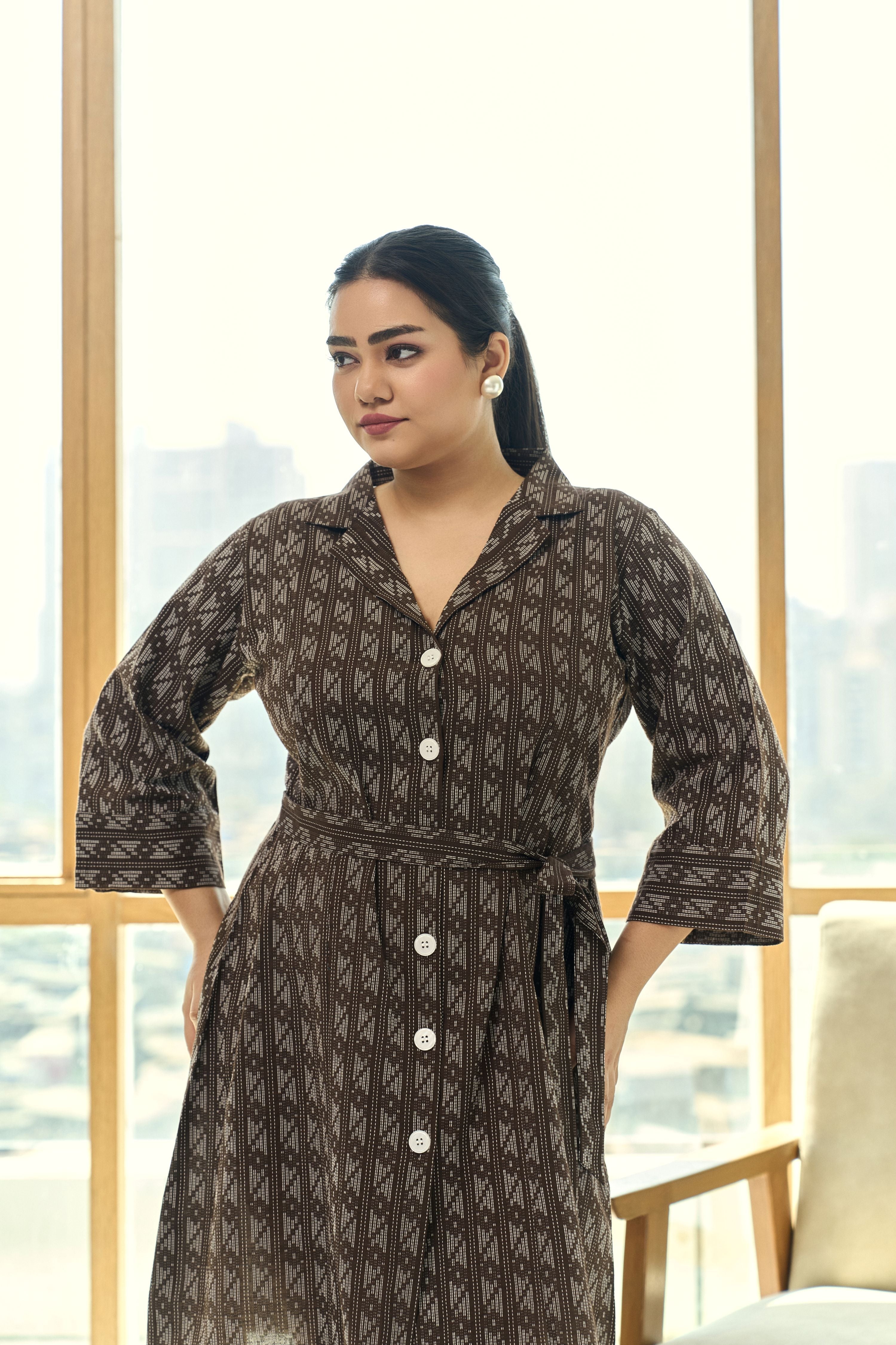 Women's Mocha Brown Ajrakh Print Kantha Cotton Shirt Dress With Belt - Nangalia Ruchira