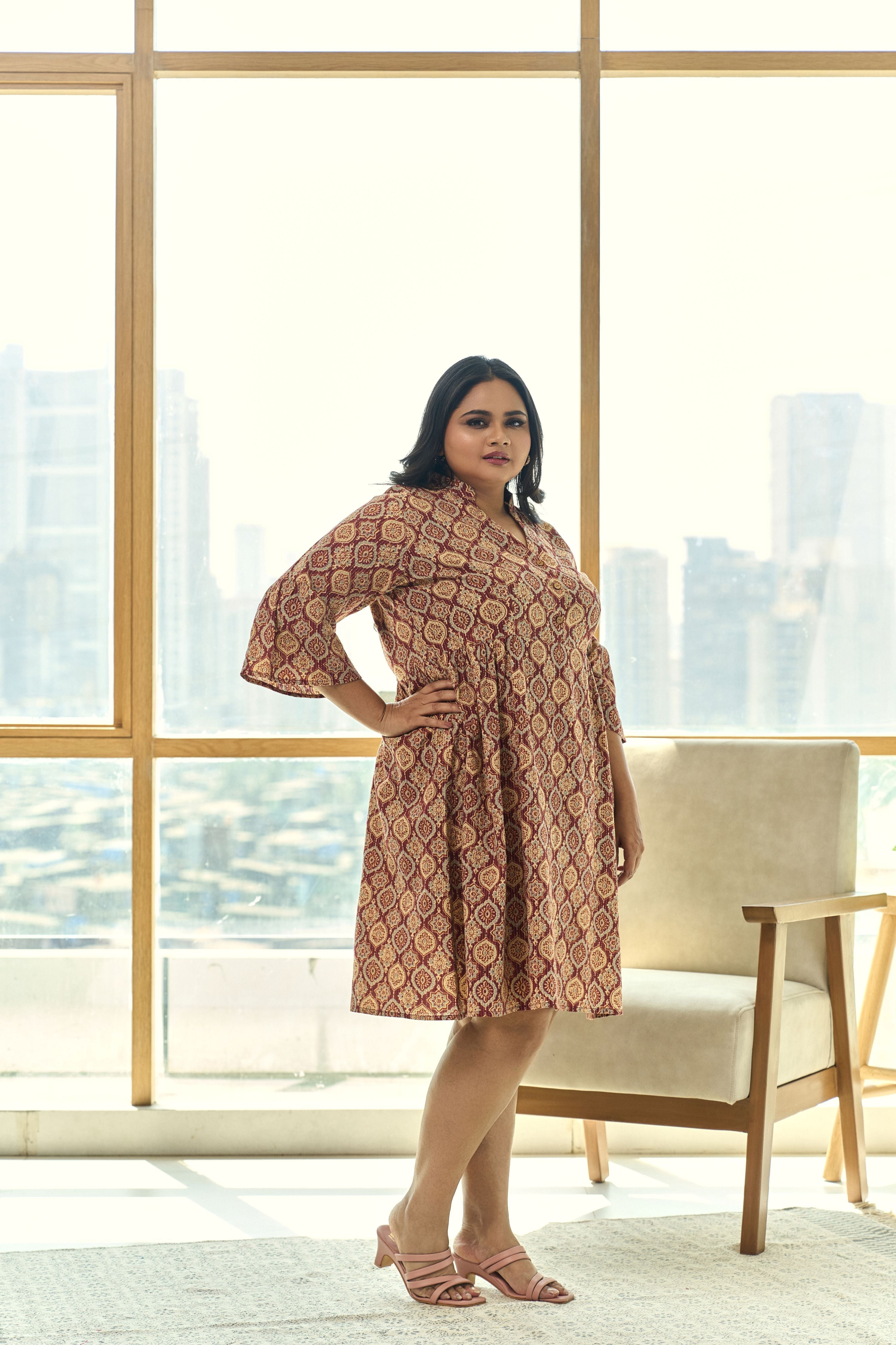 Women's Brown And Maroon Ajrakh Print Kantha Cotton Pleated Short Dress - Nangalia Ruchira