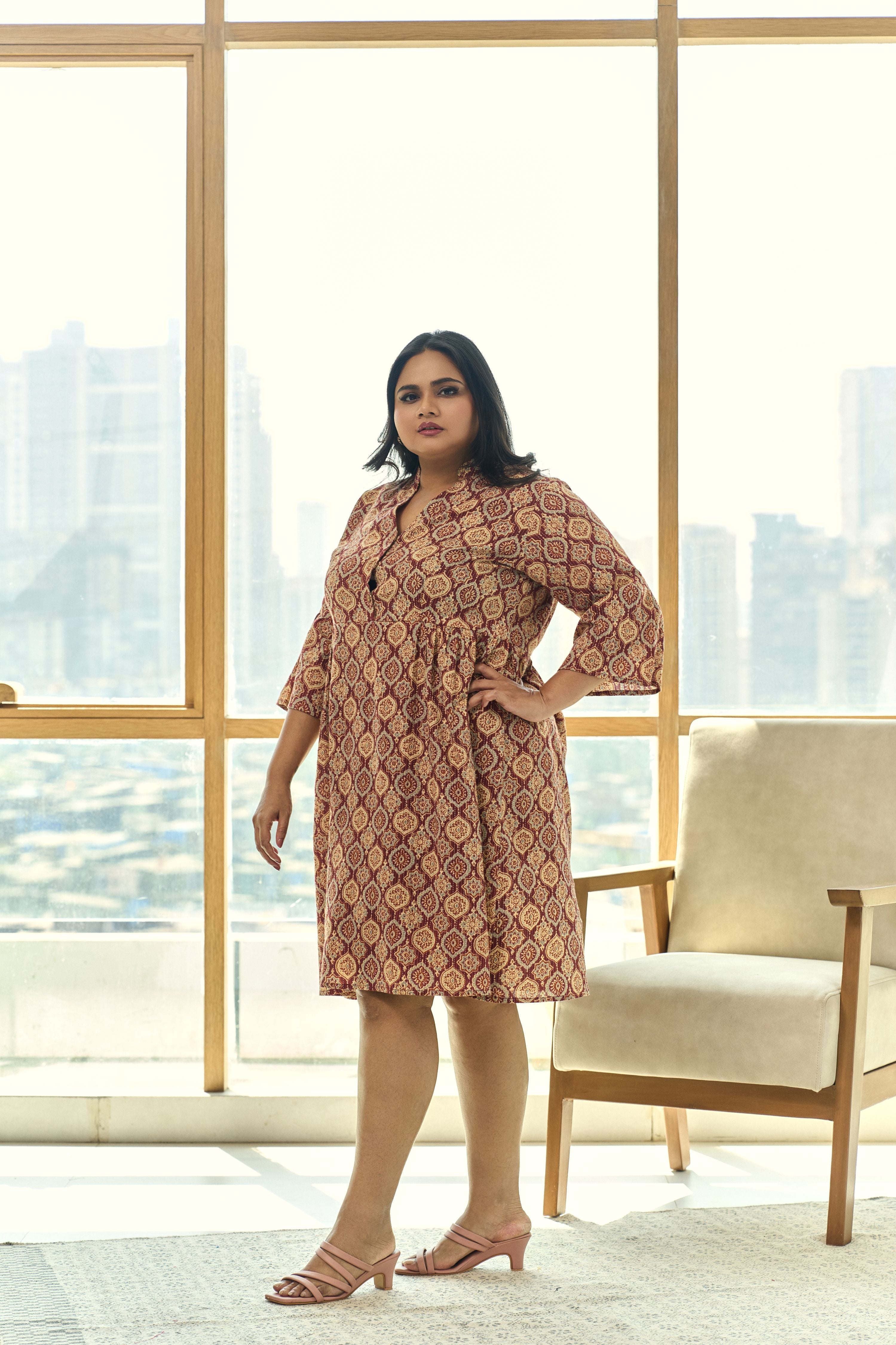 Women's Brown And Maroon Ajrakh Print Kantha Cotton Pleated Short Dress - Nangalia Ruchira