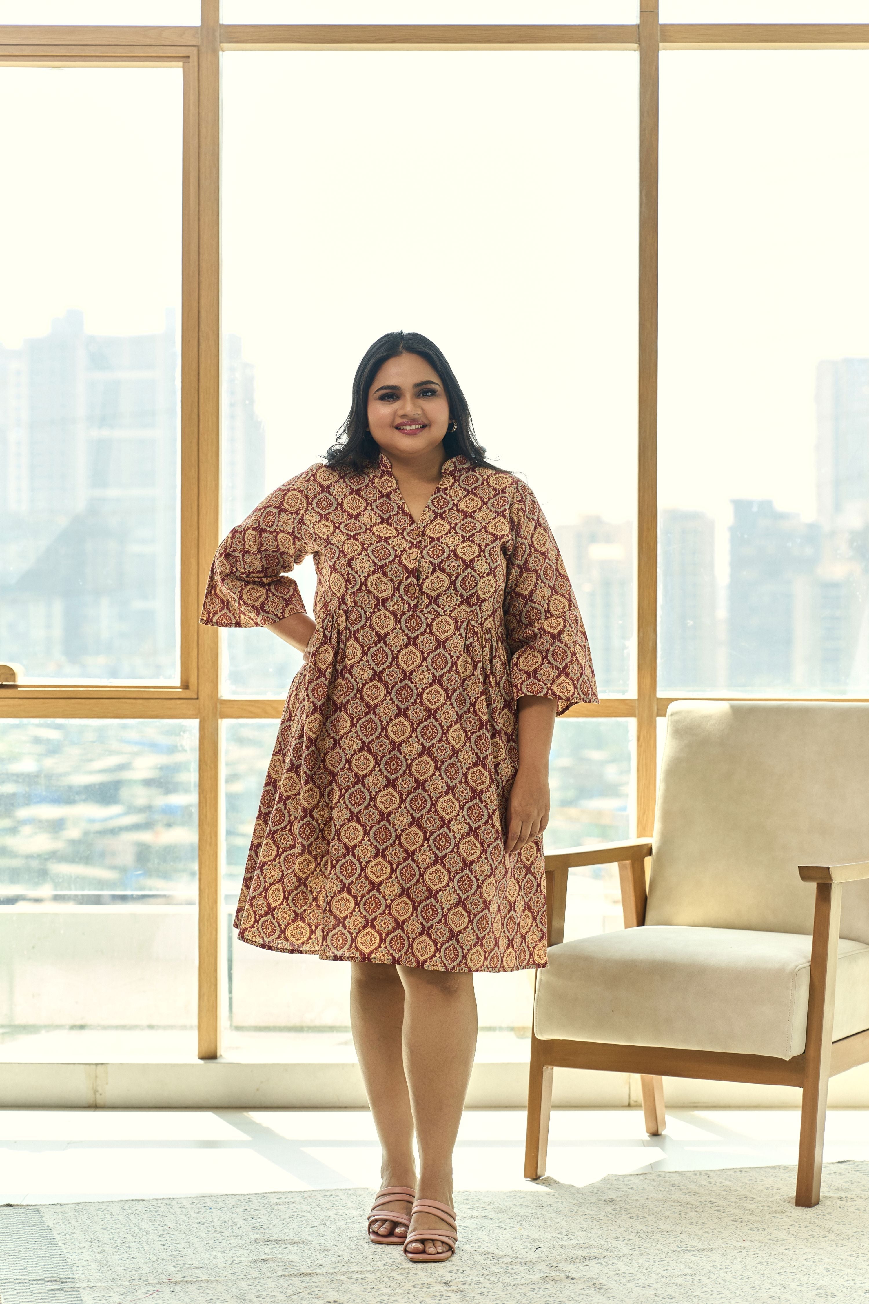 Women's Brown And Maroon Ajrakh Print Kantha Cotton Pleated Short Dress - Nangalia Ruchira