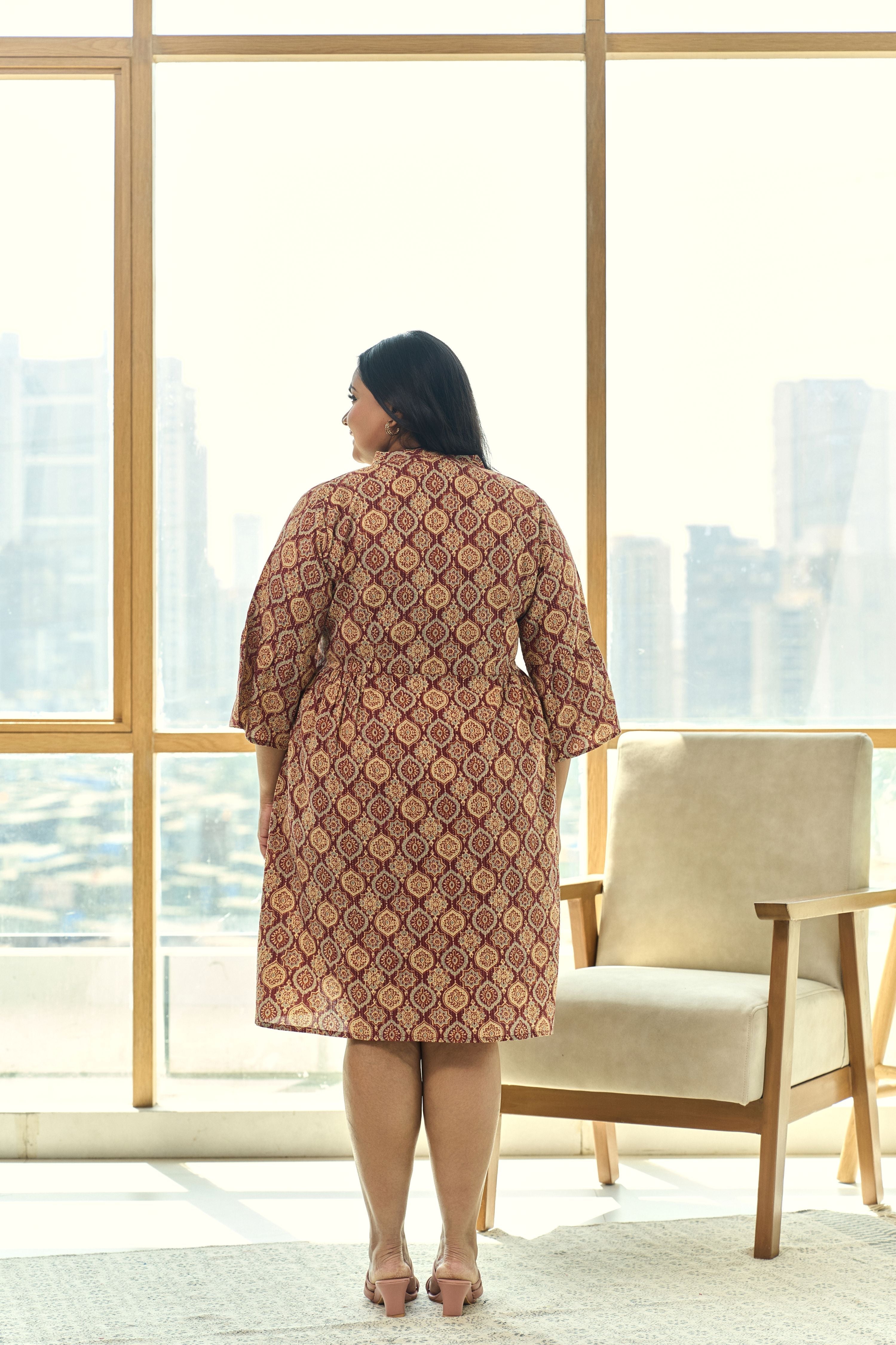 Women's Brown And Maroon Ajrakh Print Kantha Cotton Pleated Short Dress - Nangalia Ruchira