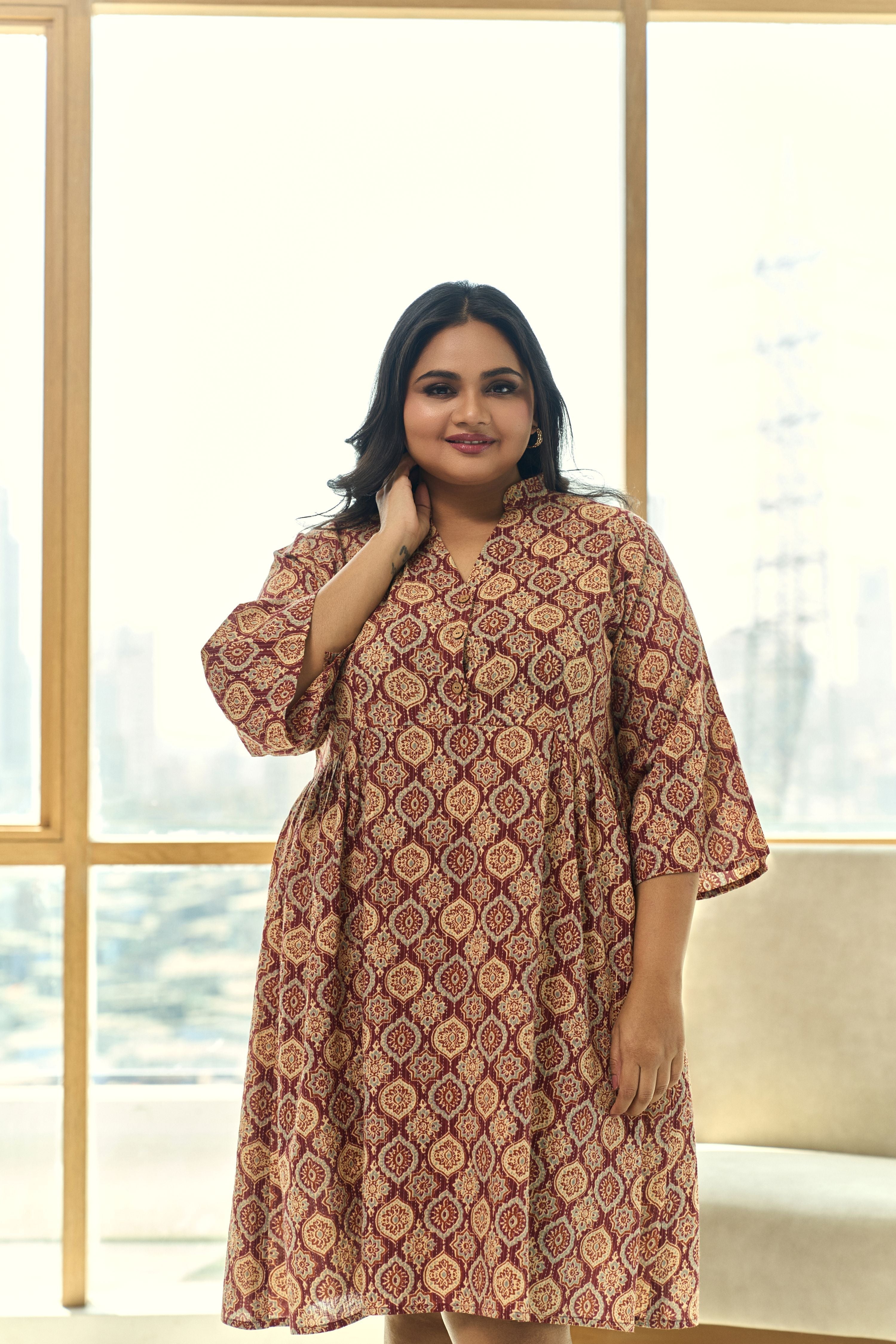 Women's Brown And Maroon Ajrakh Print Kantha Cotton Pleated Short Dress - Nangalia Ruchira