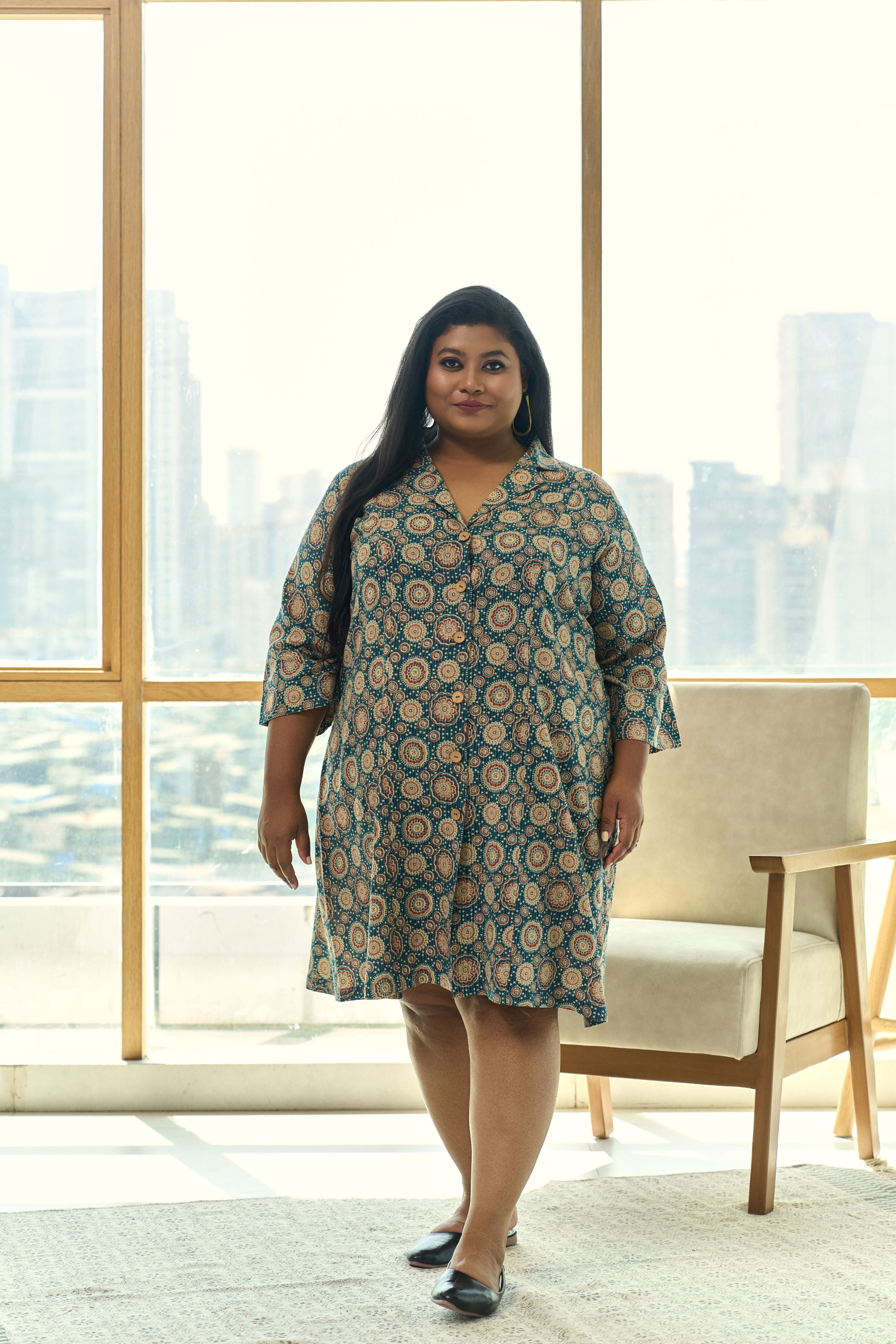 Women's Teal Blue Ajrakh Print Kantha Cotton Short Shirt Dress - Nangalia Ruchira