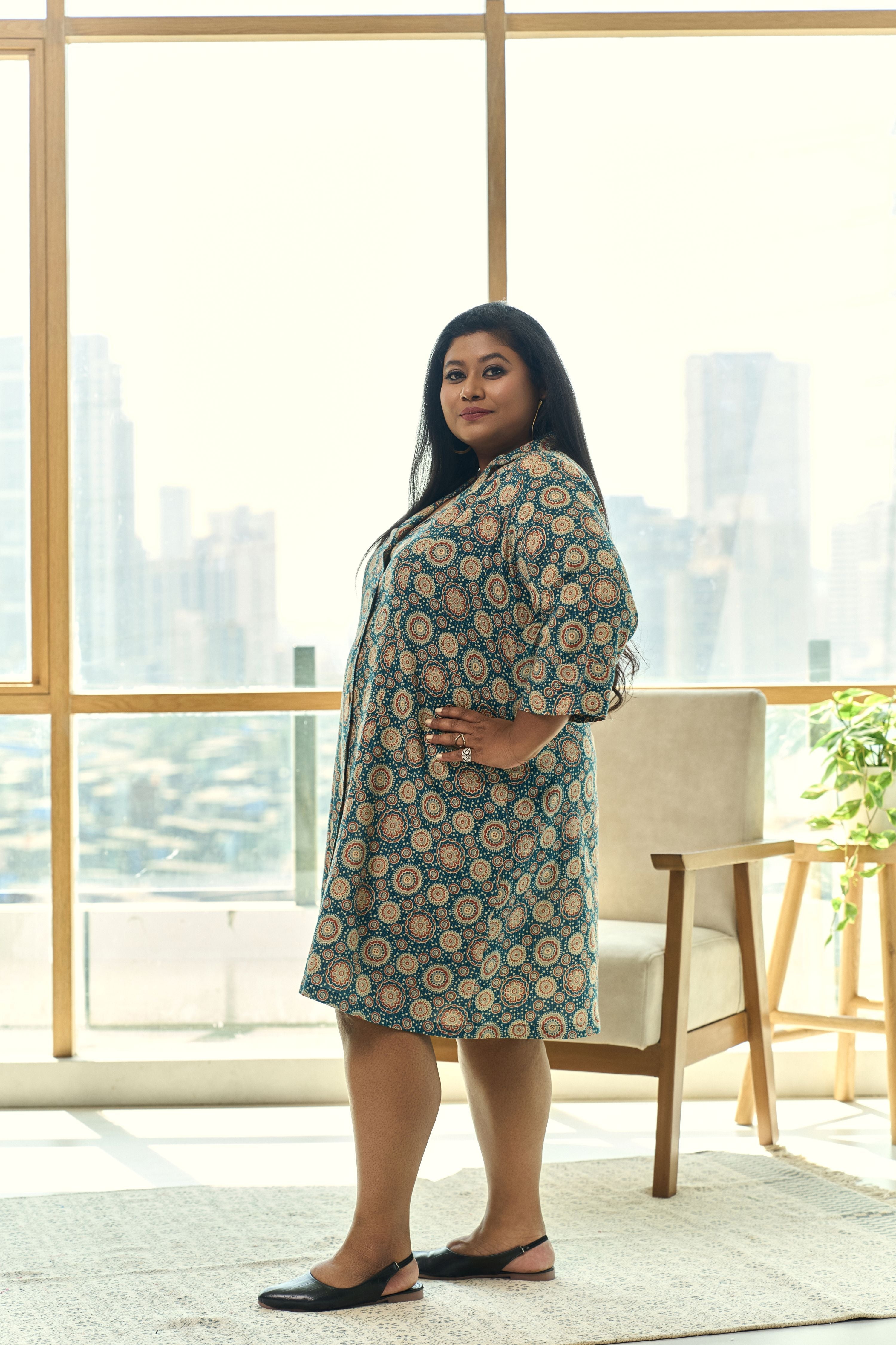 Women's Teal Blue Ajrakh Print Kantha Cotton Short Shirt Dress - Nangalia Ruchira