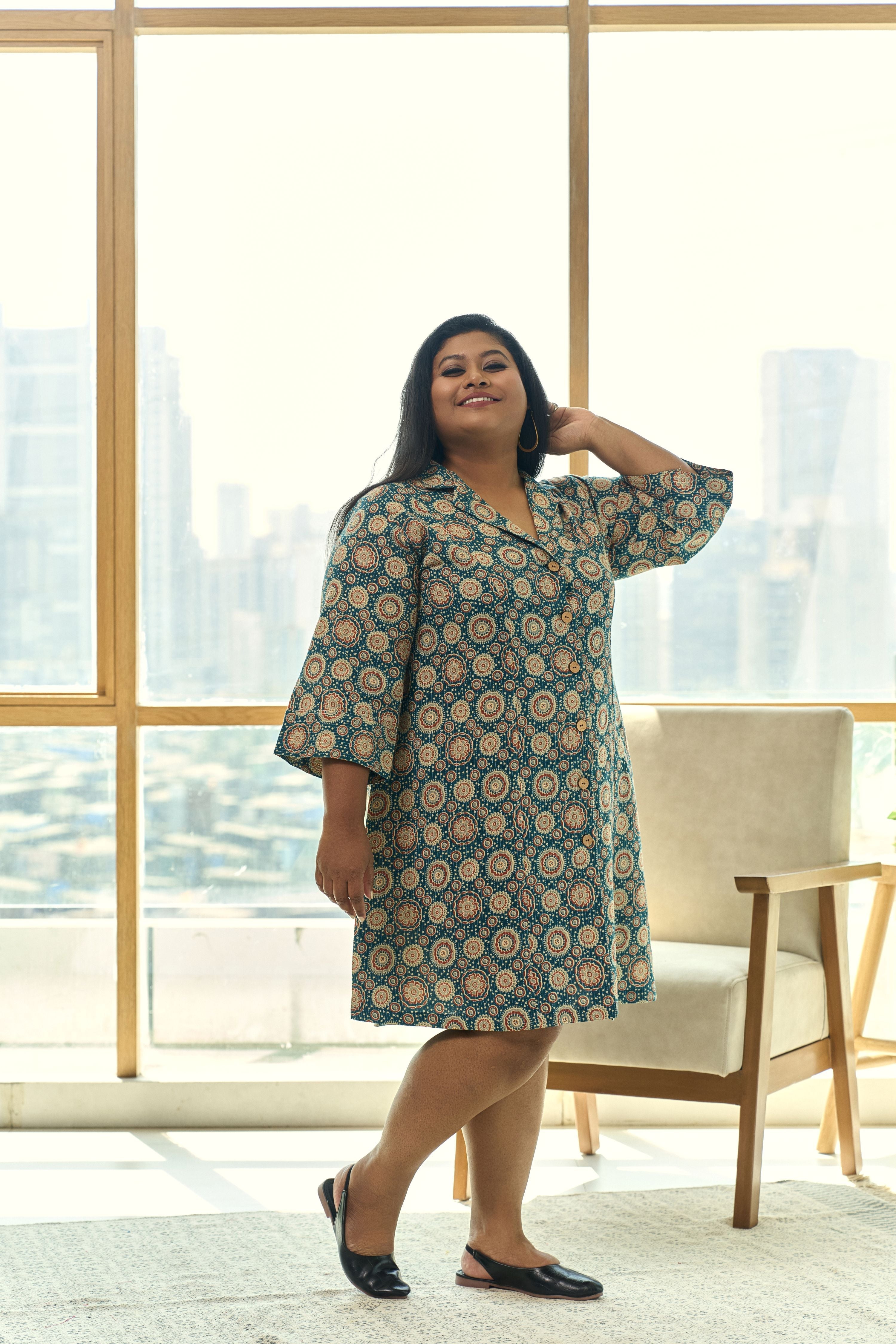 Women's Teal Blue Ajrakh Print Kantha Cotton Short Shirt Dress - Nangalia Ruchira