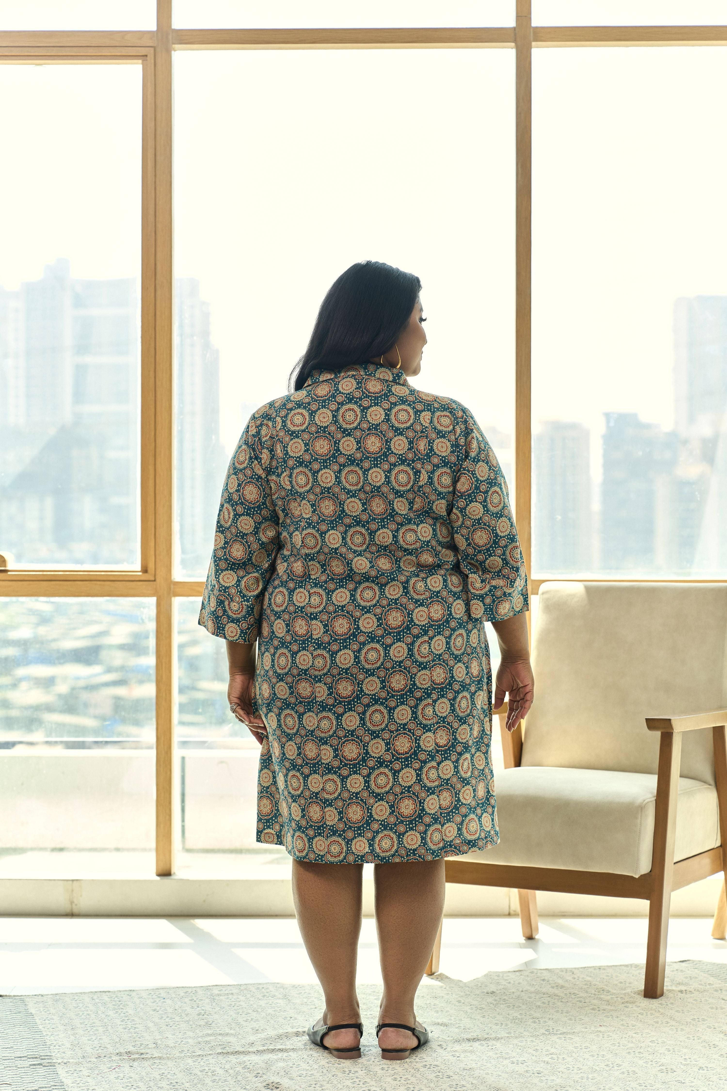 Women's Teal Blue Ajrakh Print Kantha Cotton Short Shirt Dress - Nangalia Ruchira