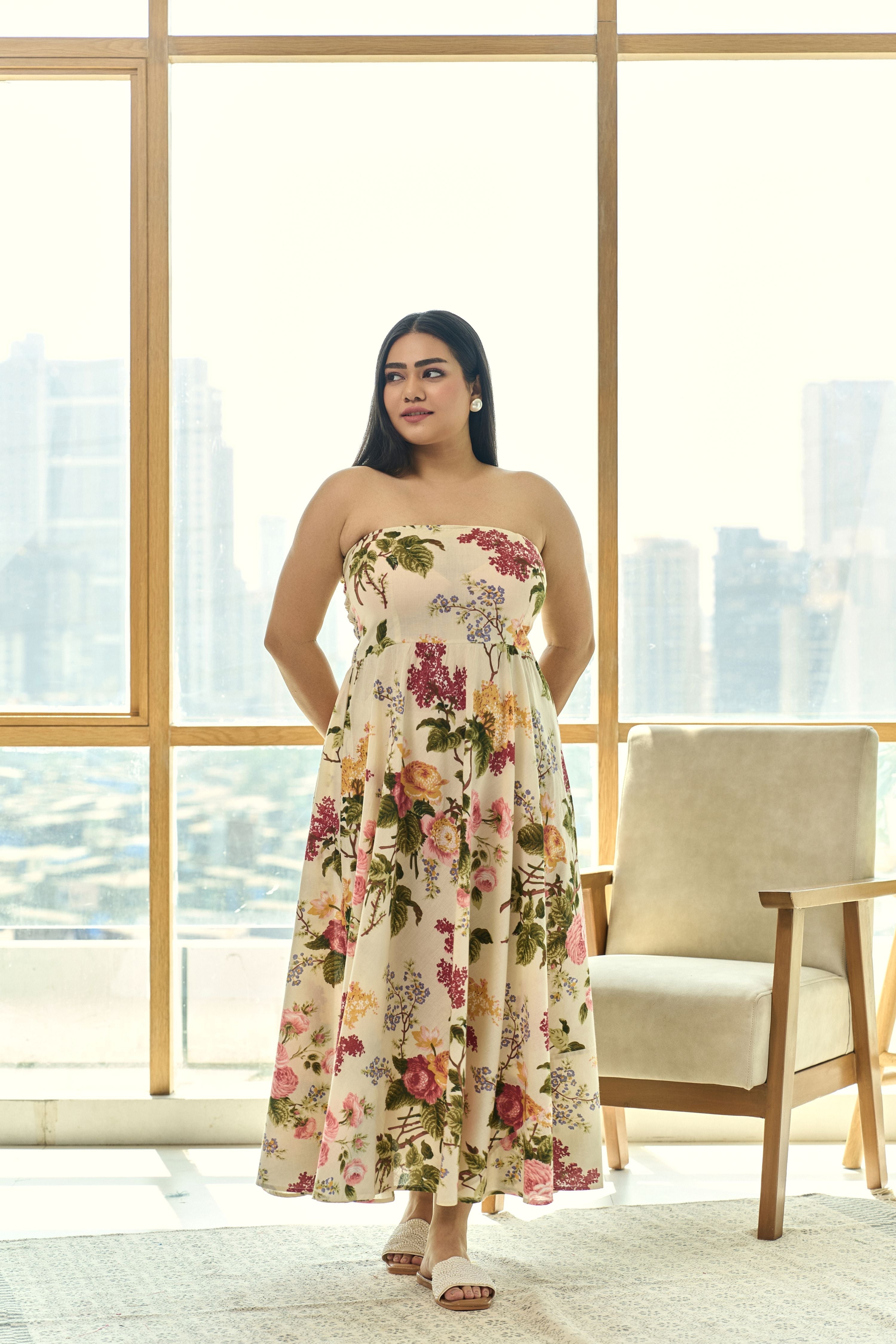 Women's Beige Pleated Floral Cotton Tube Dress “ Chic & Elegant - Nangalia Ruchira