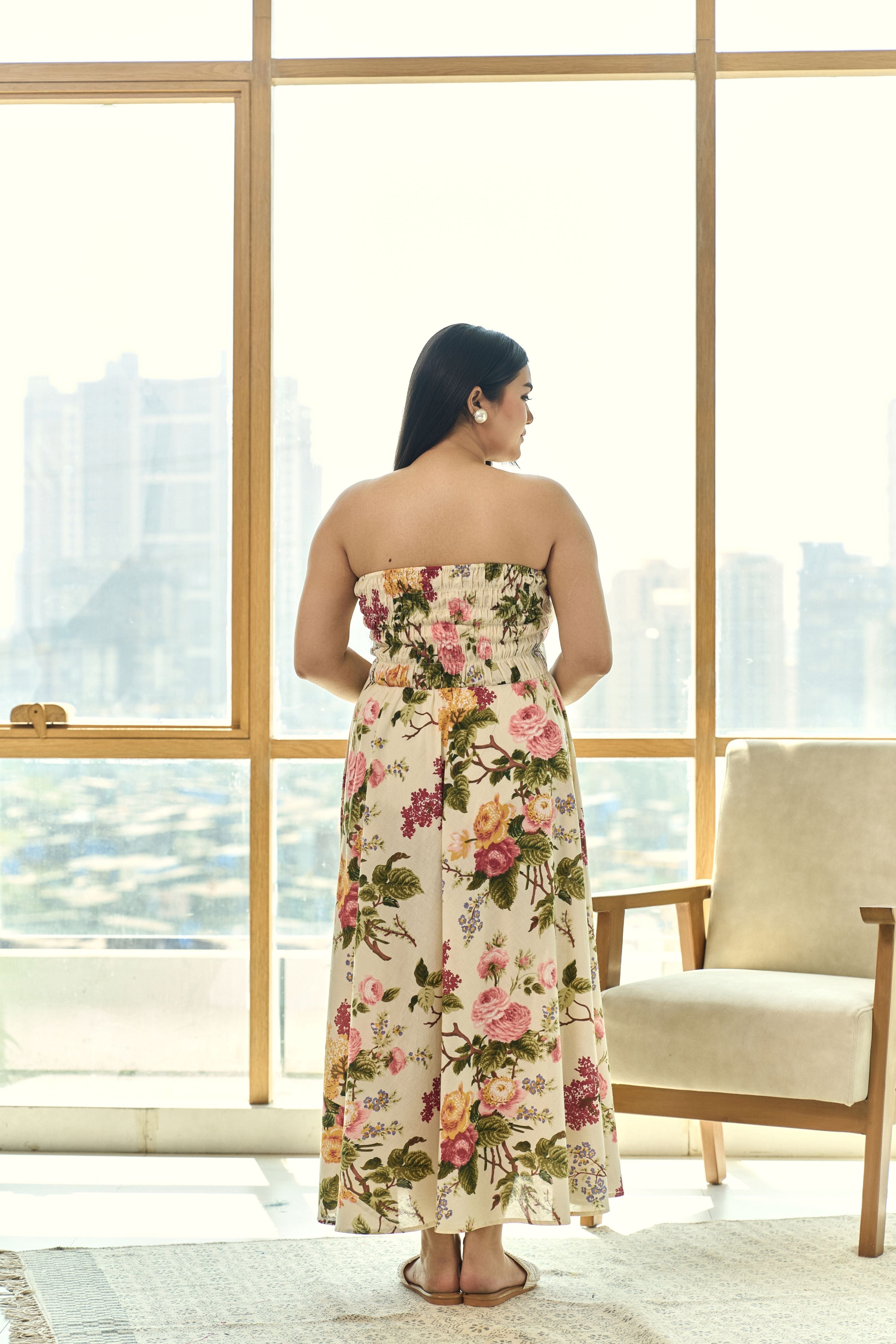 Women's Beige Pleated Floral Cotton Tube Dress “ Chic & Elegant - Nangalia Ruchira