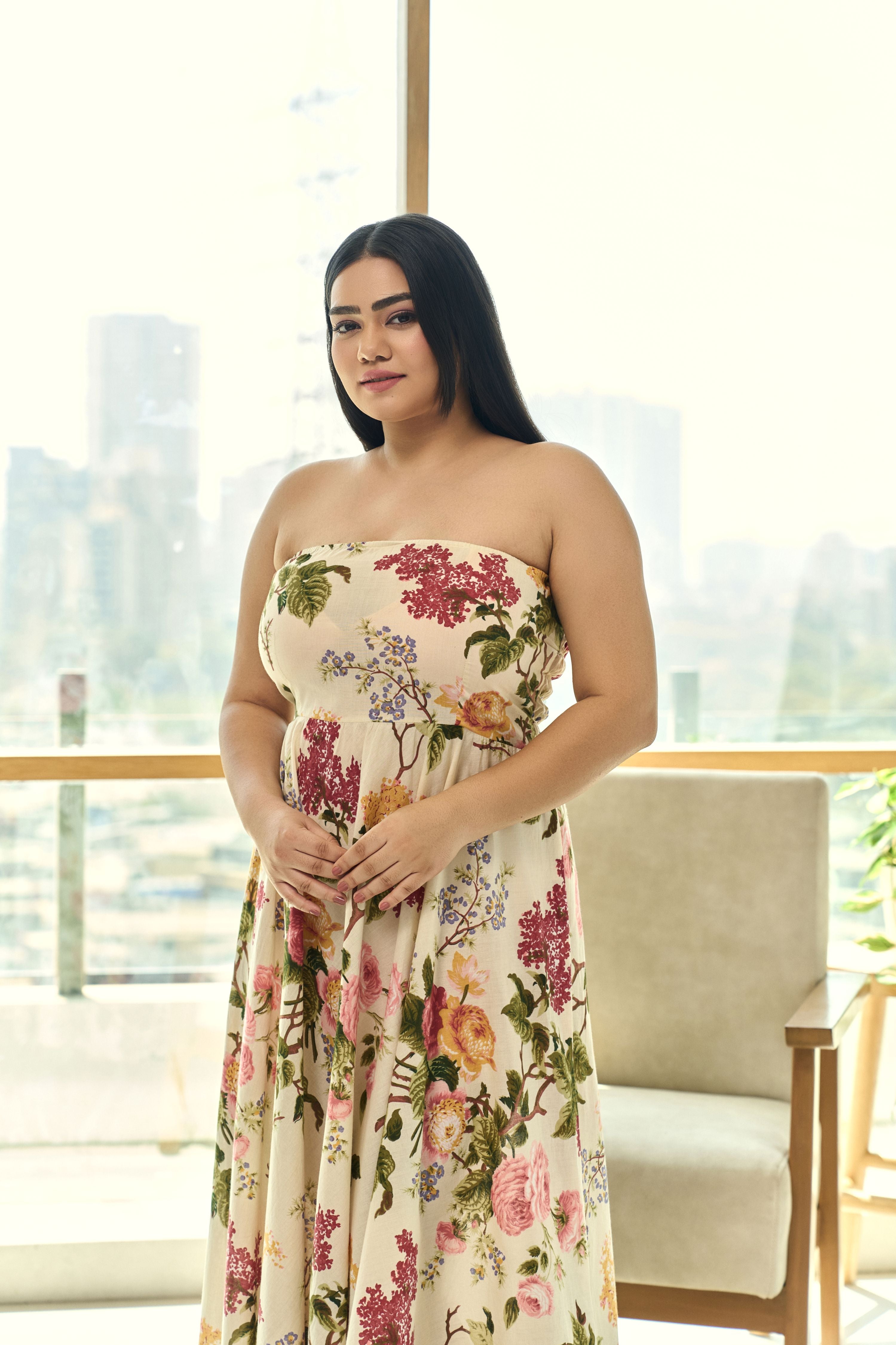 Women's Beige Pleated Floral Cotton Tube Dress “ Chic & Elegant - Nangalia Ruchira