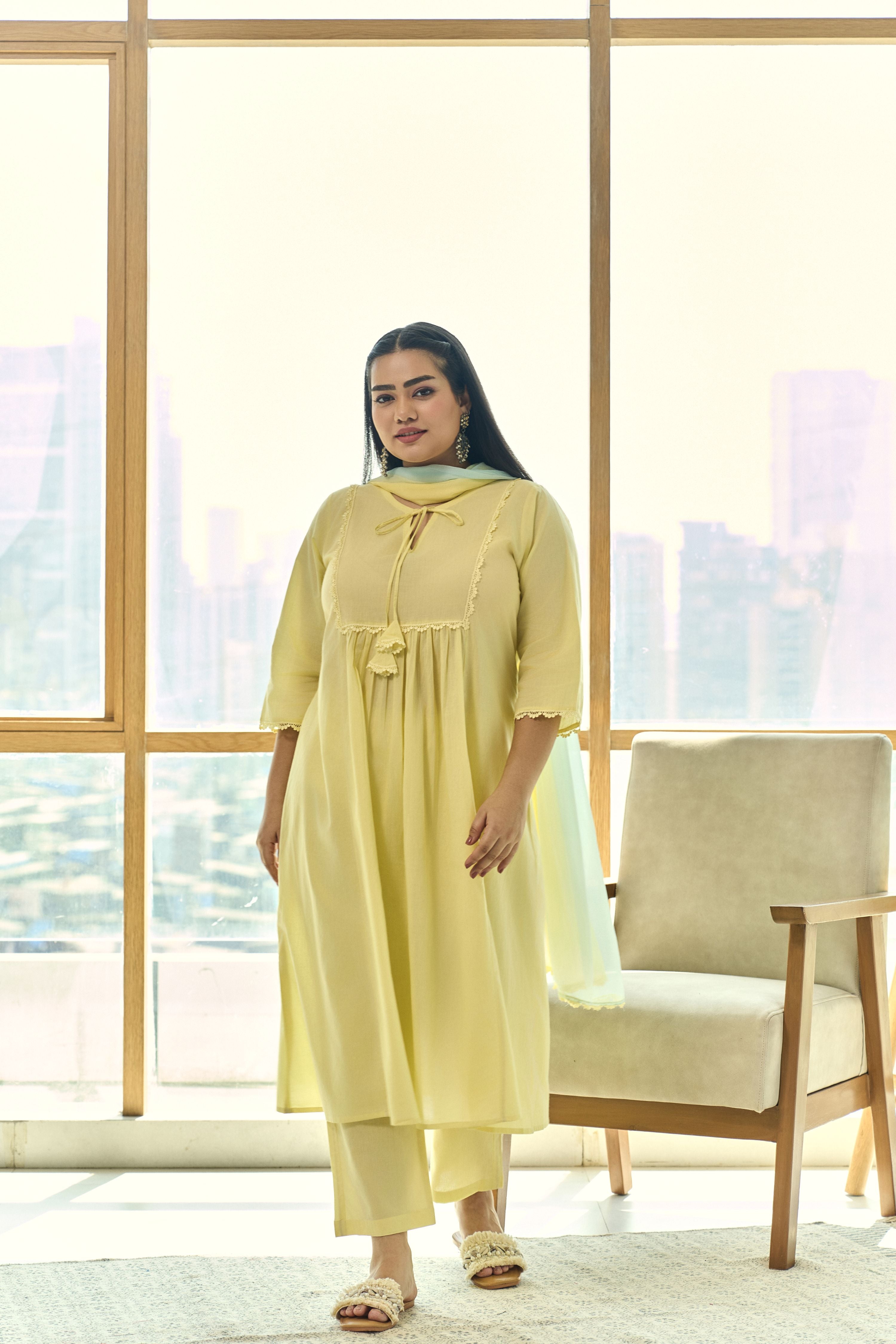 Women's Elegant Sorbet Yellow Festive Kurta (Set Of 3) With Lace - Nangalia Ruchira