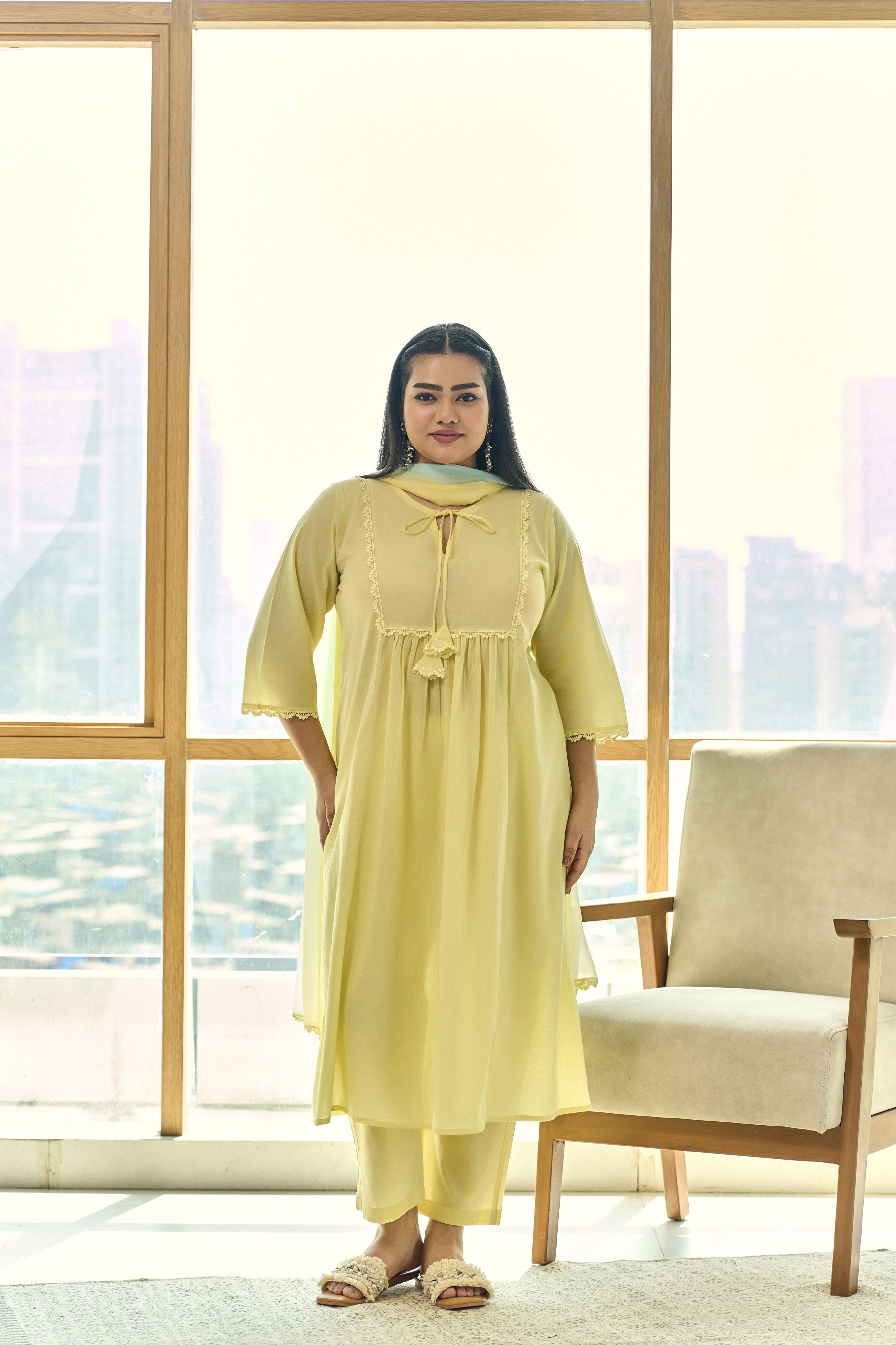 Women's Elegant Sorbet Yellow Festive Kurta (Set Of 3) With Lace - Nangalia Ruchira