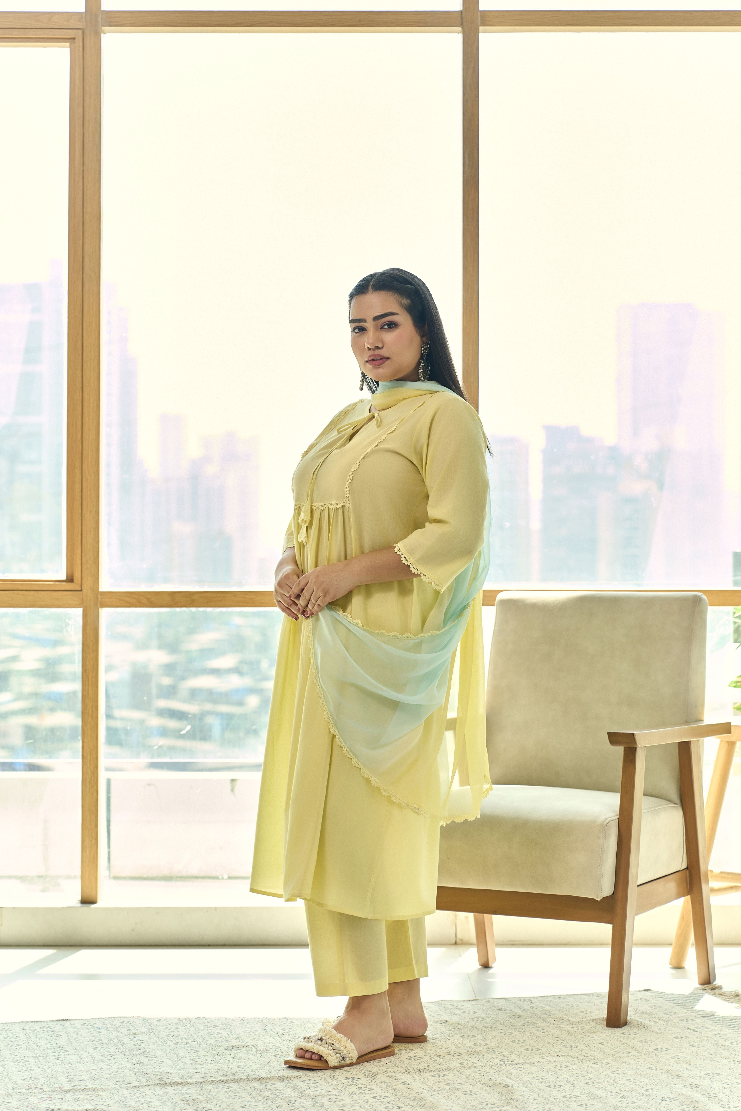 Women's Elegant Sorbet Yellow Festive Kurta (Set Of 3) With Lace - Nangalia Ruchira