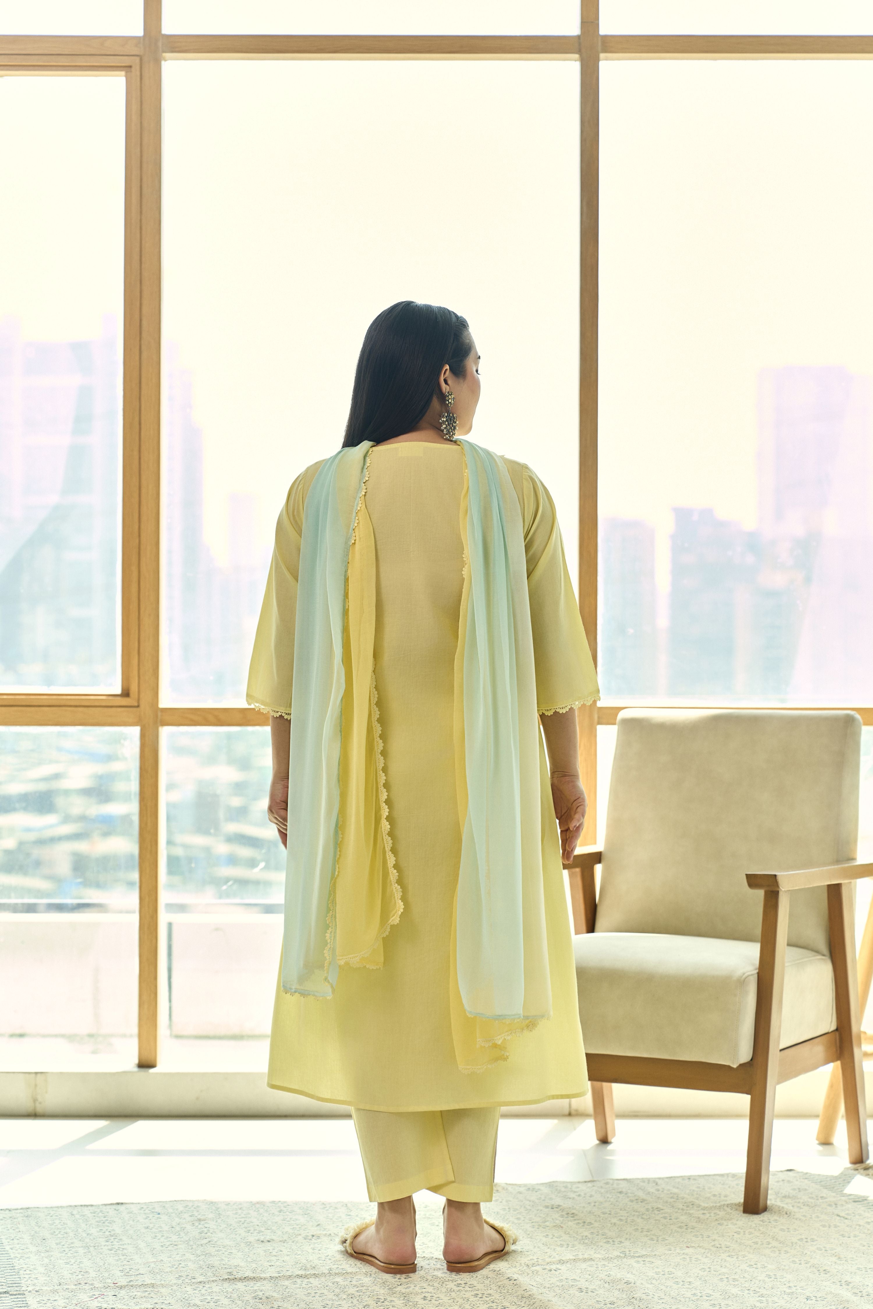 Women's Elegant Sorbet Yellow Festive Kurta (Set Of 3) With Lace - Nangalia Ruchira