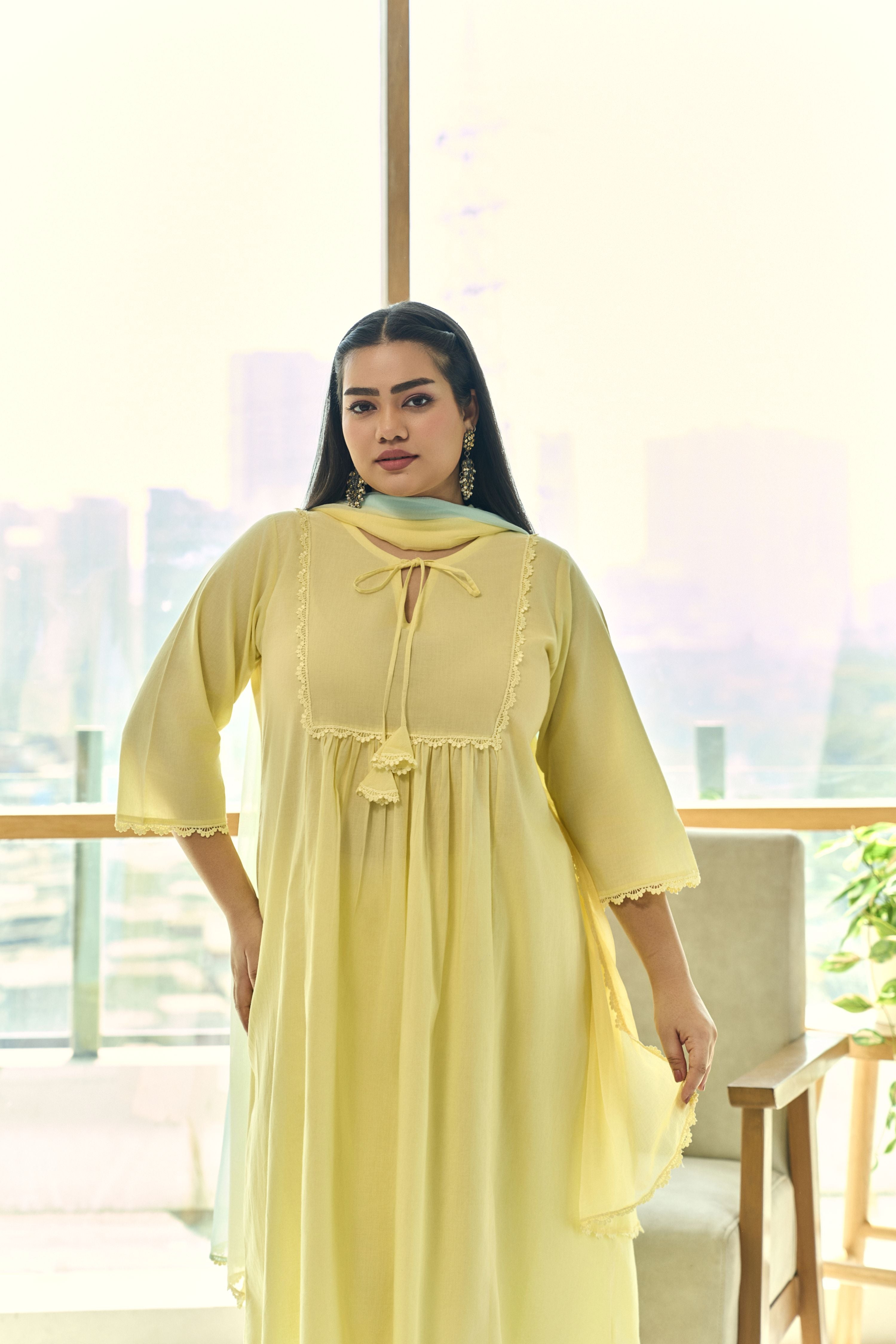 Women's Elegant Sorbet Yellow Festive Kurta (Set Of 3) With Lace - Nangalia Ruchira