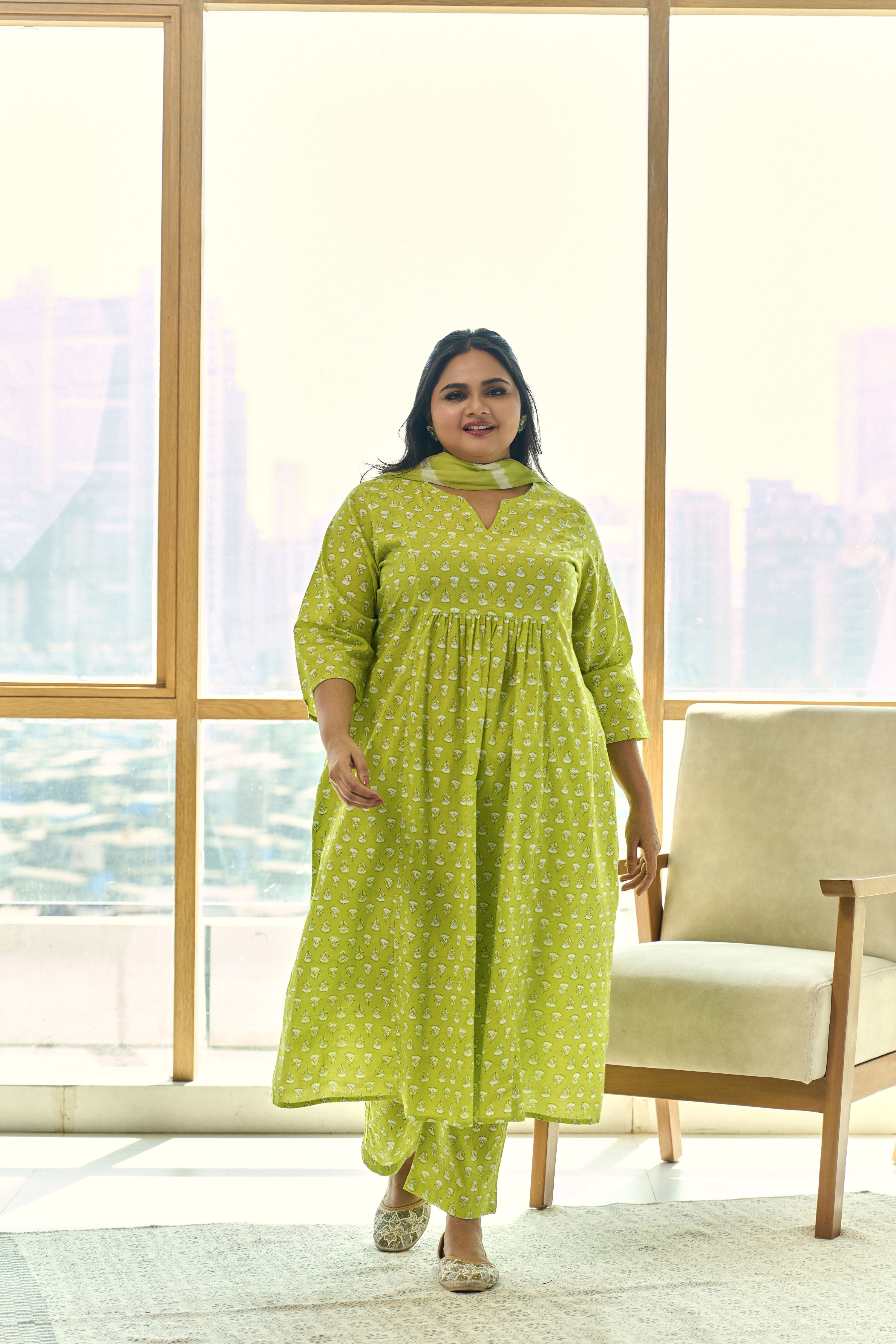 Women's Trendy Lime Booti Kurta (Set Of 3) With Leheriya Dupatta - Nangalia Ruchira