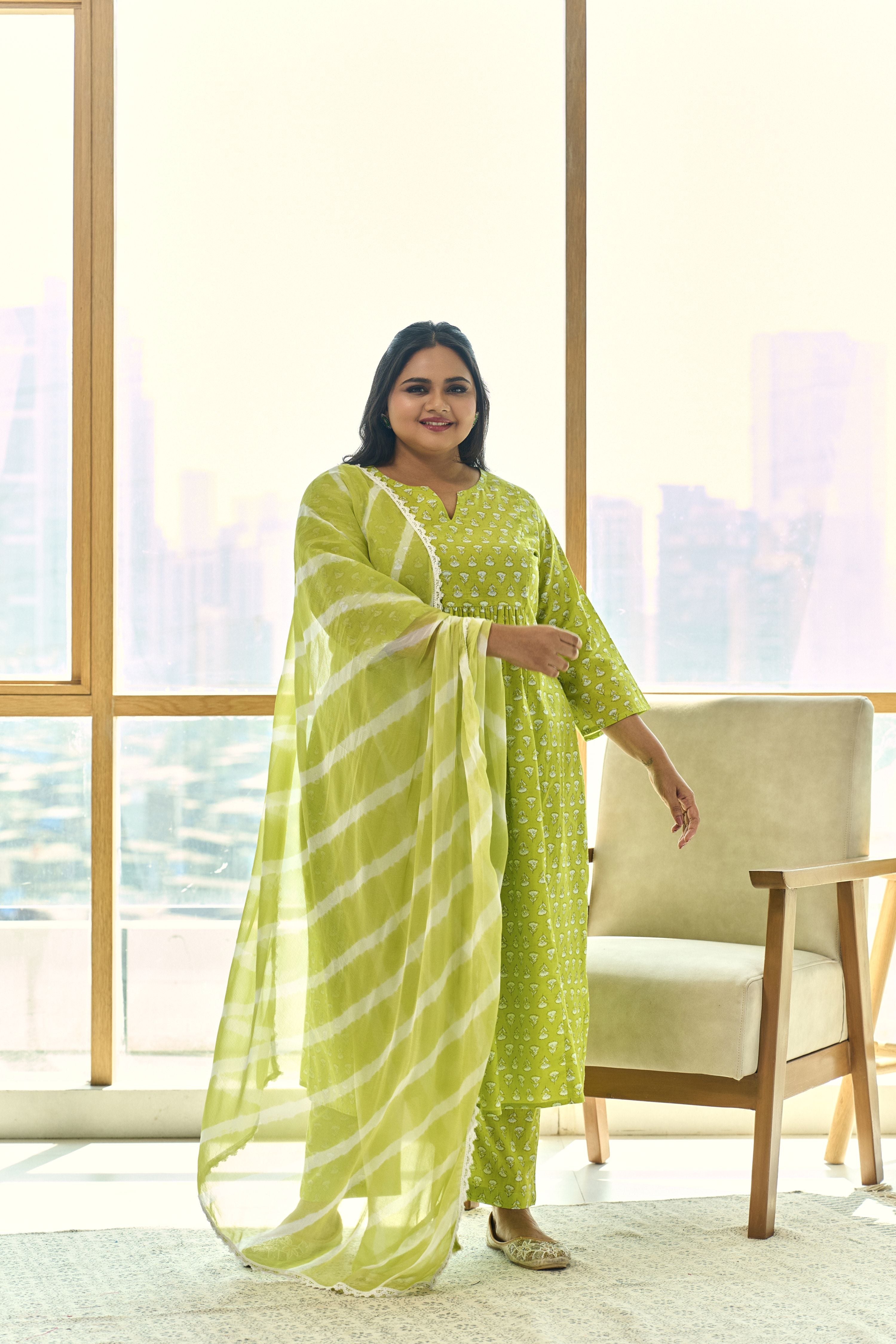 Women's Trendy Lime Booti Kurta (Set Of 3) With Leheriya Dupatta - Nangalia Ruchira