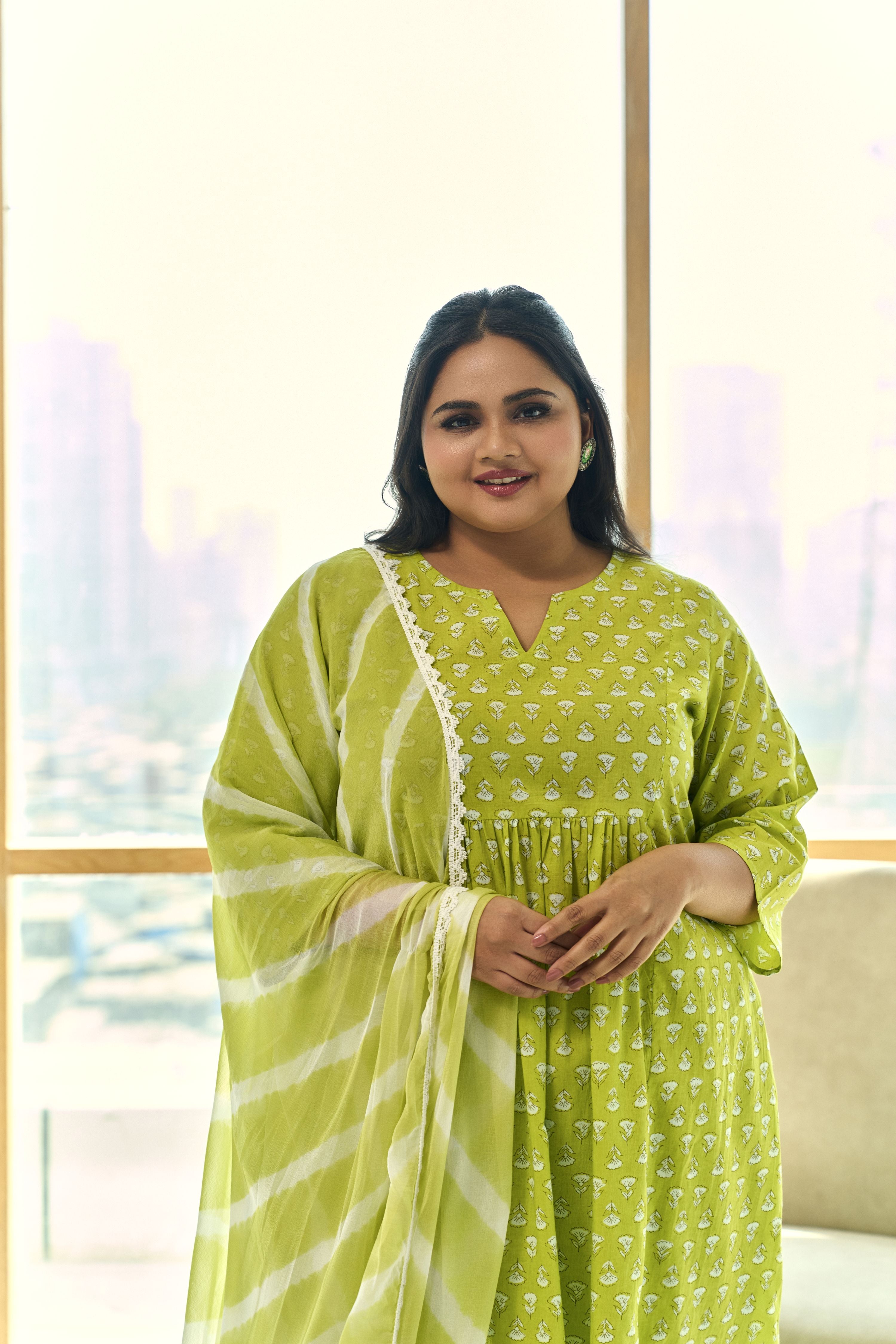 Women's Trendy Lime Booti Kurta (Set Of 3) With Leheriya Dupatta - Nangalia Ruchira