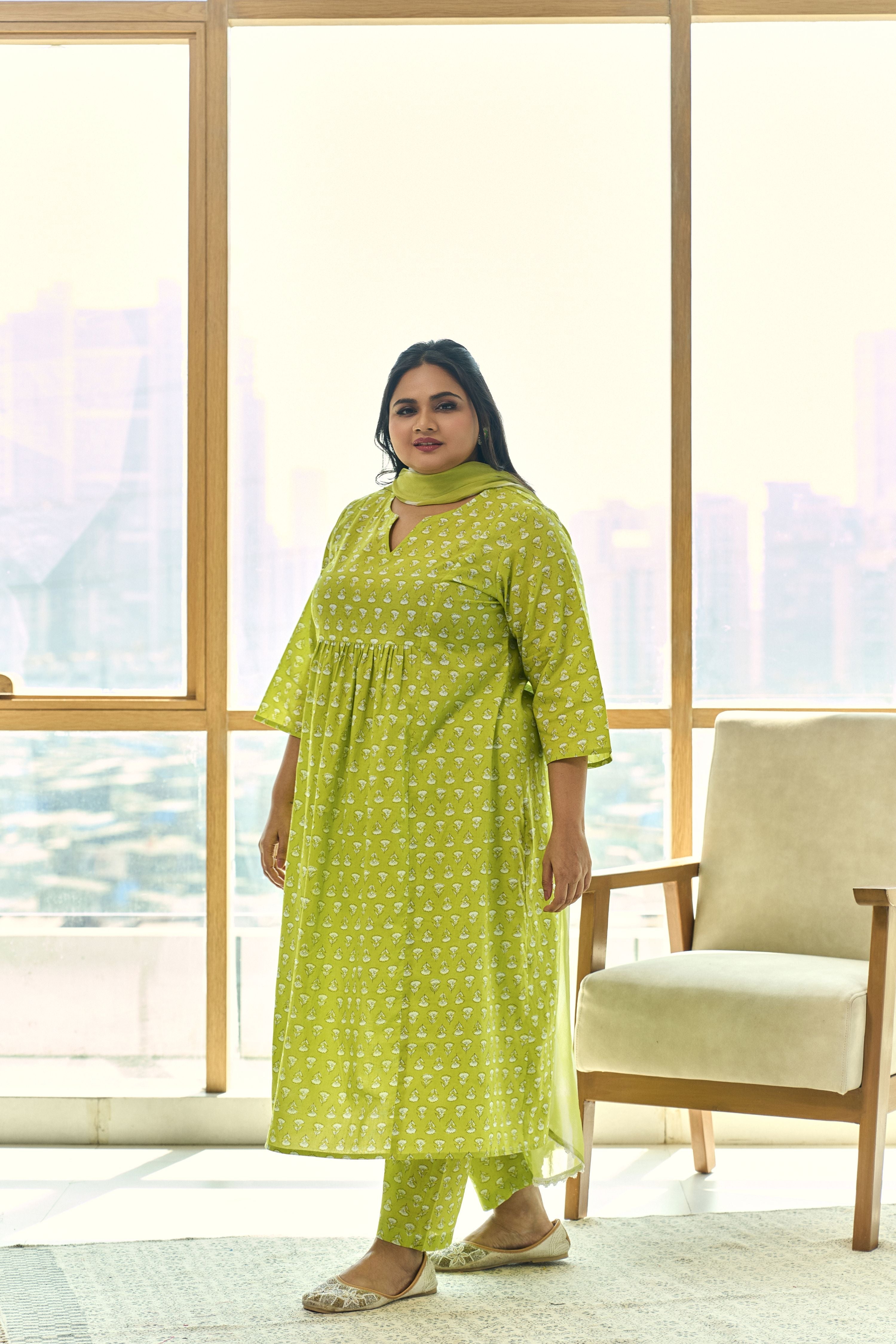 Women's Trendy Lime Booti Kurta (Set Of 3) With Leheriya Dupatta - Nangalia Ruchira