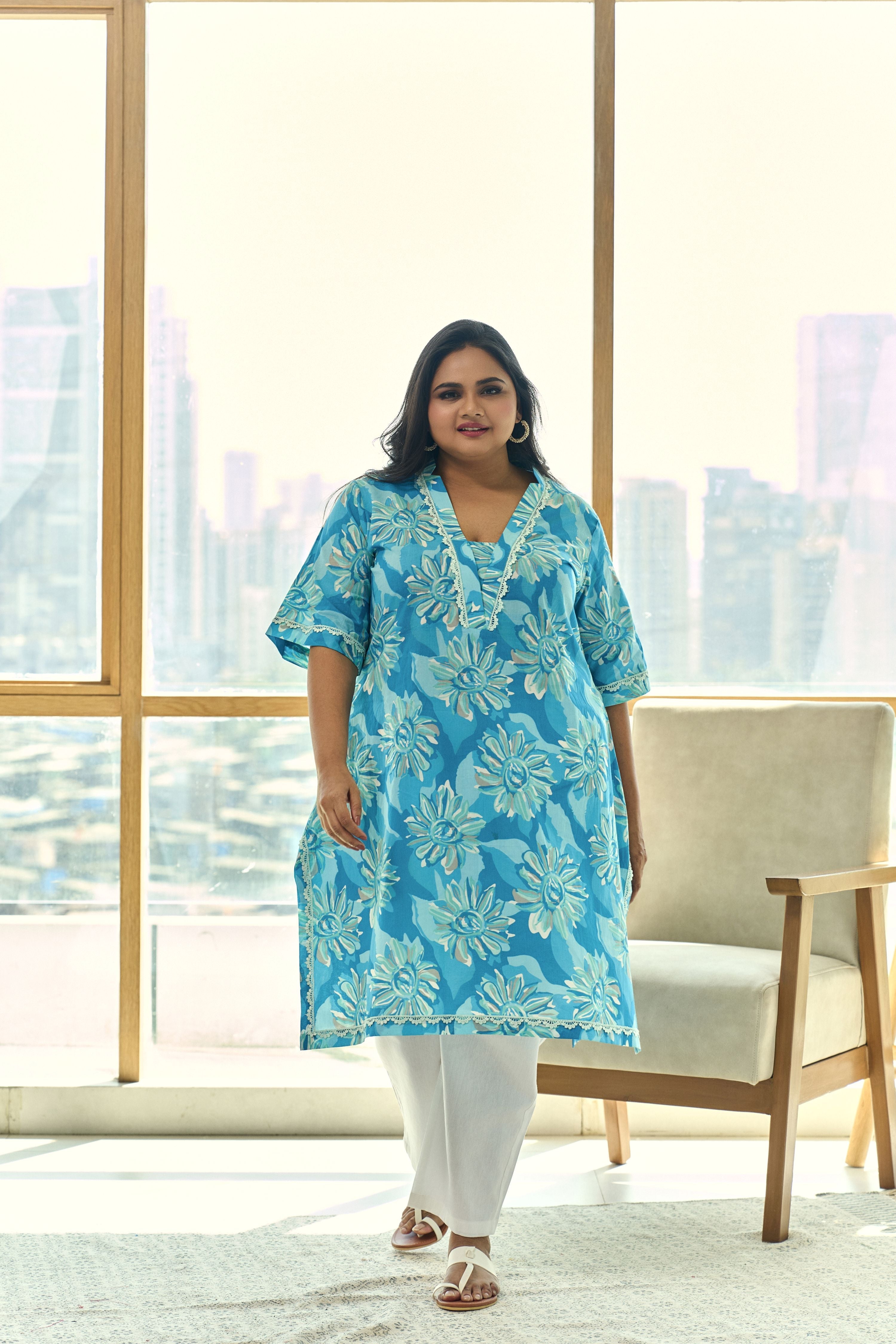 Women's Ocean Blue Floral Cotton Kurta “ Summer Prefect(Only Kurta) - Nangalia Ruchira