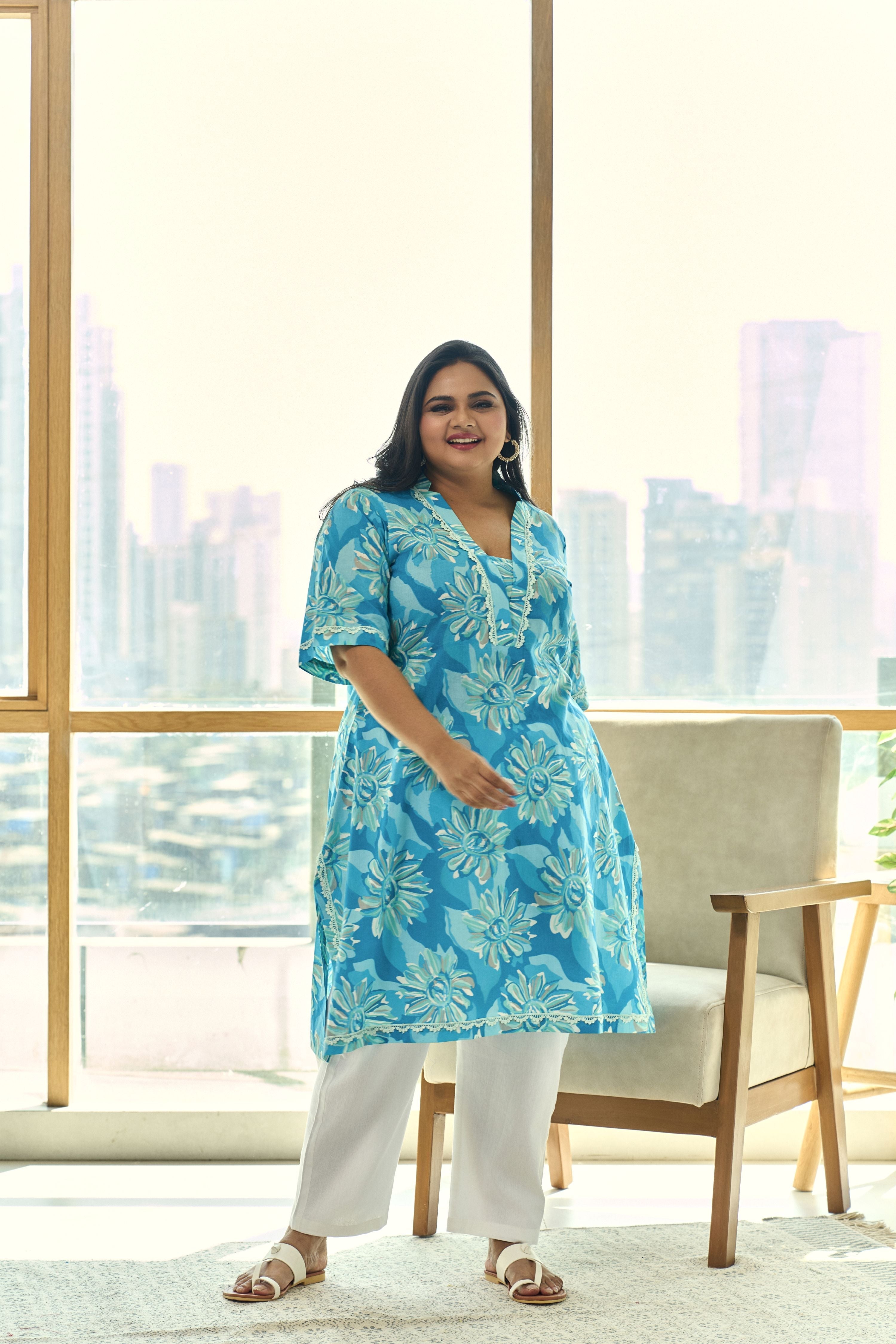 Women's Ocean Blue Floral Cotton Kurta “ Summer Prefect(Only Kurta) - Nangalia Ruchira