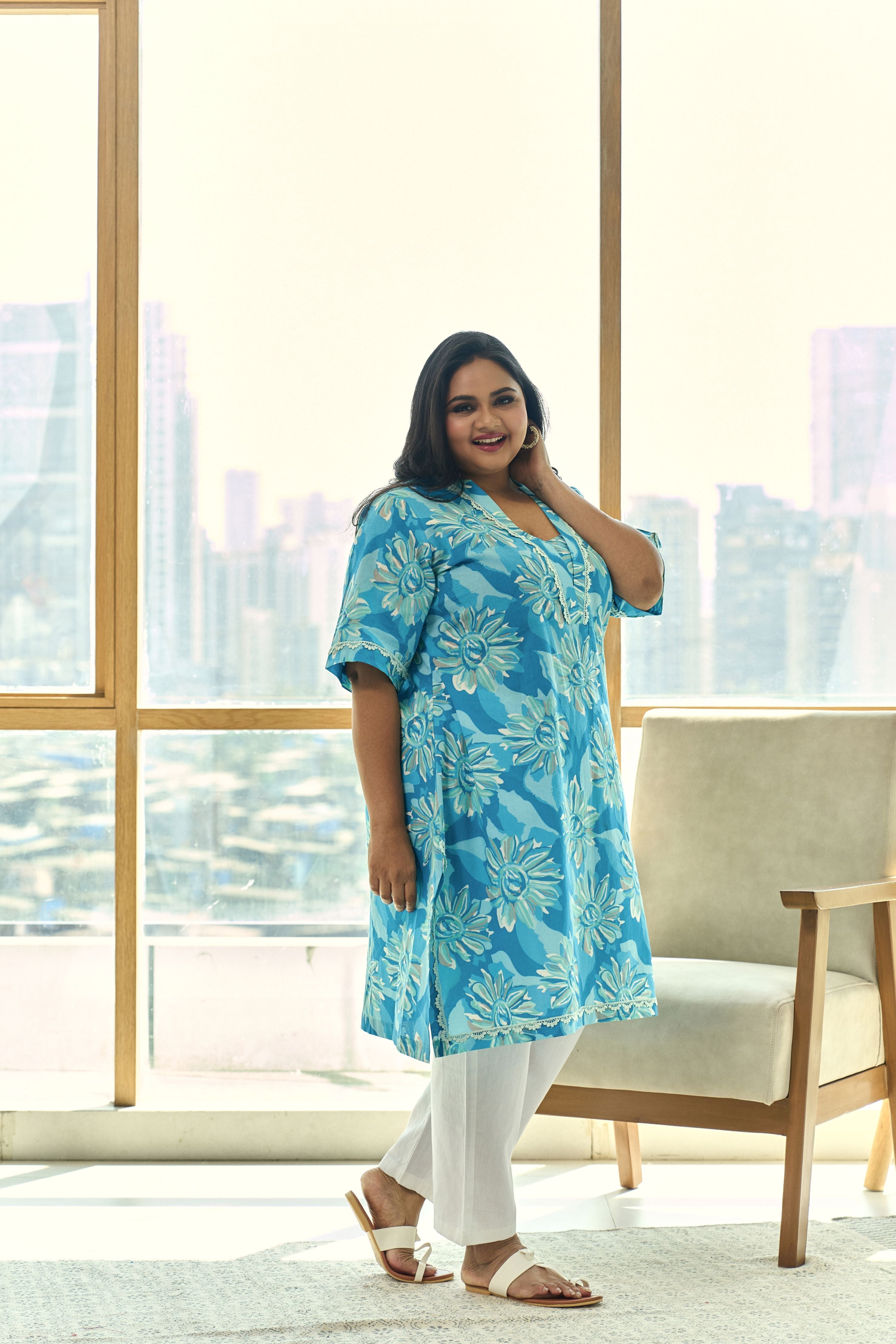 Women's Ocean Blue Floral Cotton Kurta “ Summer Prefect(Only Kurta) - Nangalia Ruchira