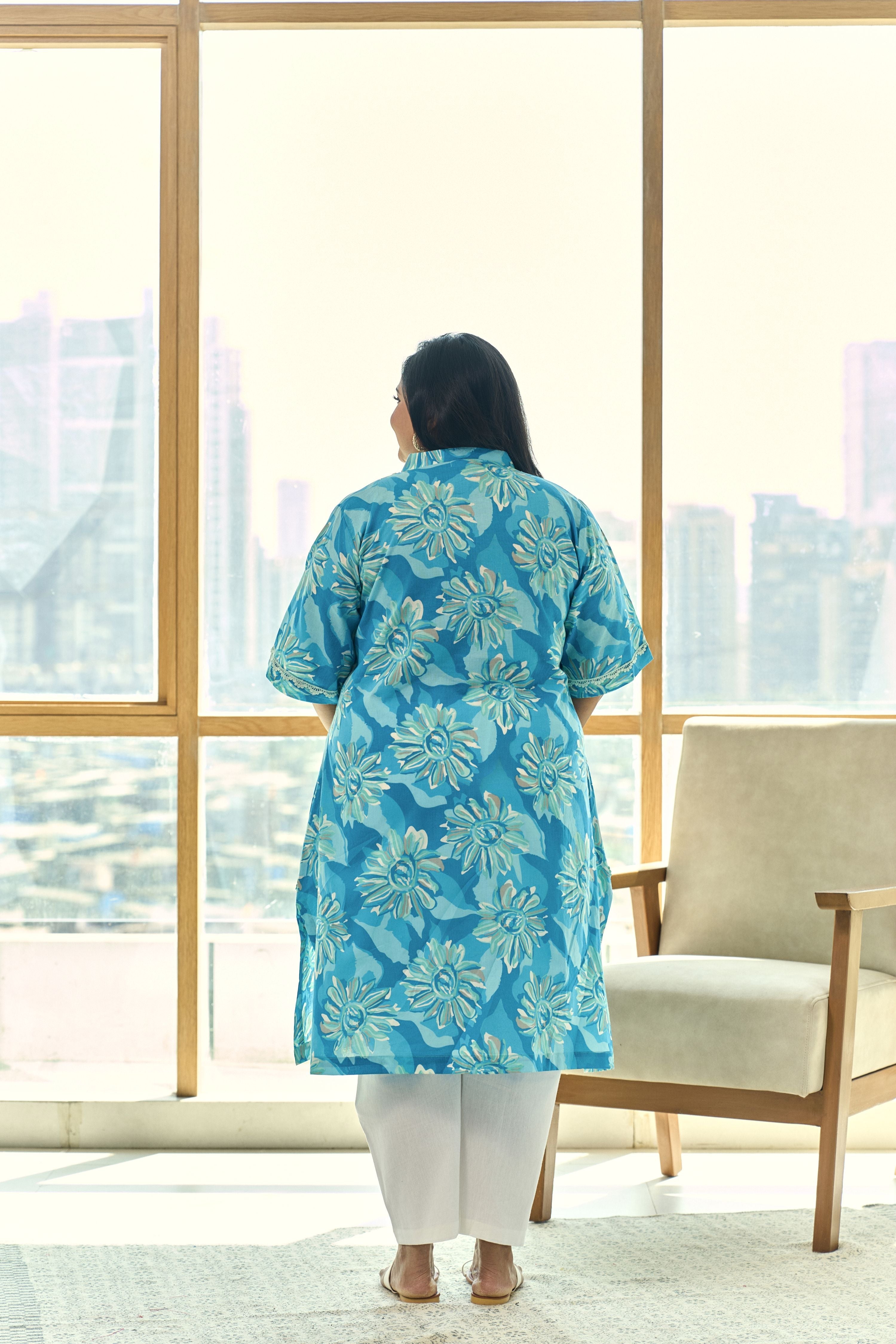 Women's Ocean Blue Floral Cotton Kurta “ Summer Prefect(Only Kurta) - Nangalia Ruchira