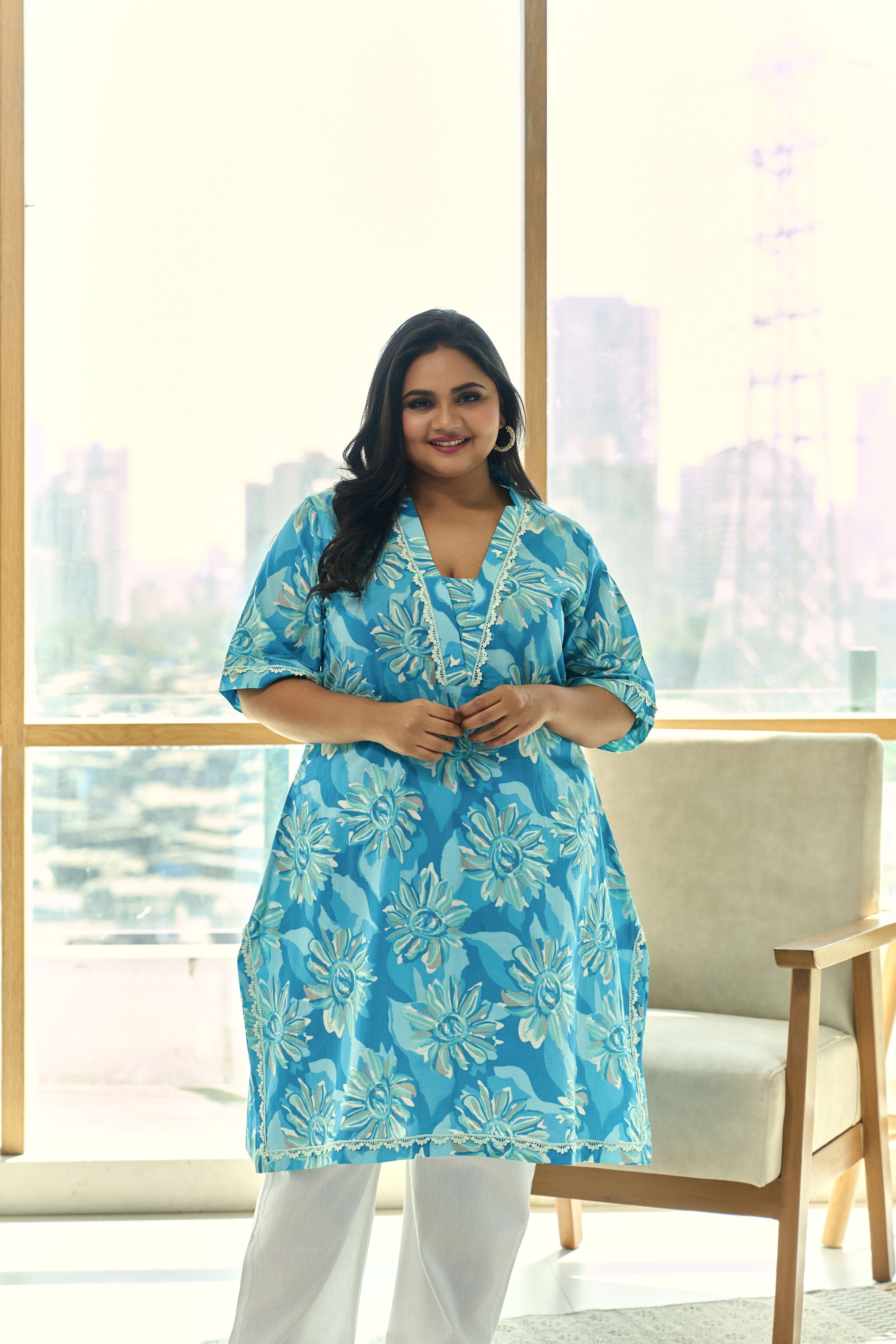 Women's Ocean Blue Floral Cotton Kurta “ Summer Prefect(Only Kurta) - Nangalia Ruchira