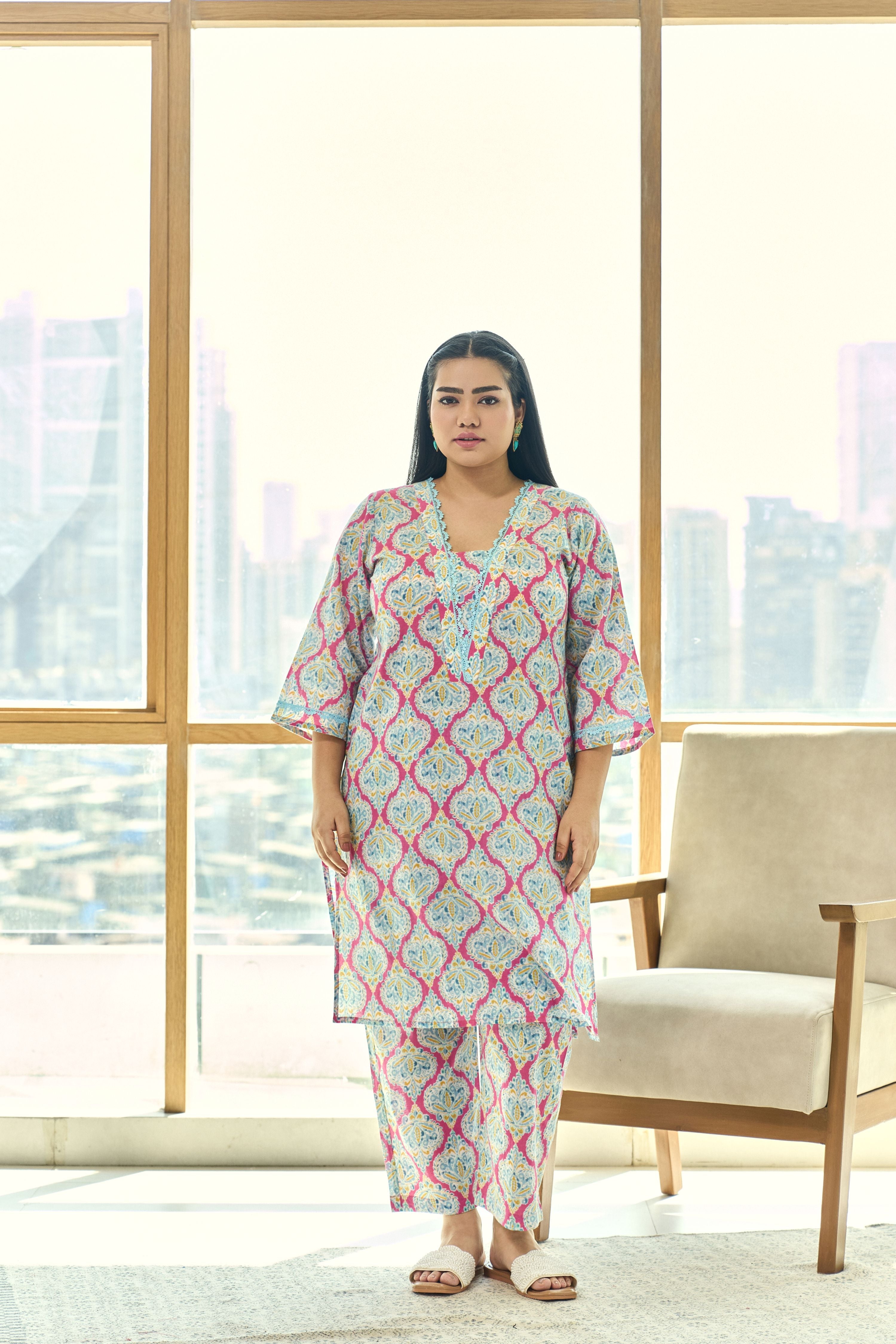Women's Fuschia & Azure Blue Block Print Kurta With Crochet Lace Detailing(Set Of 2) - Nangalia Ruchira