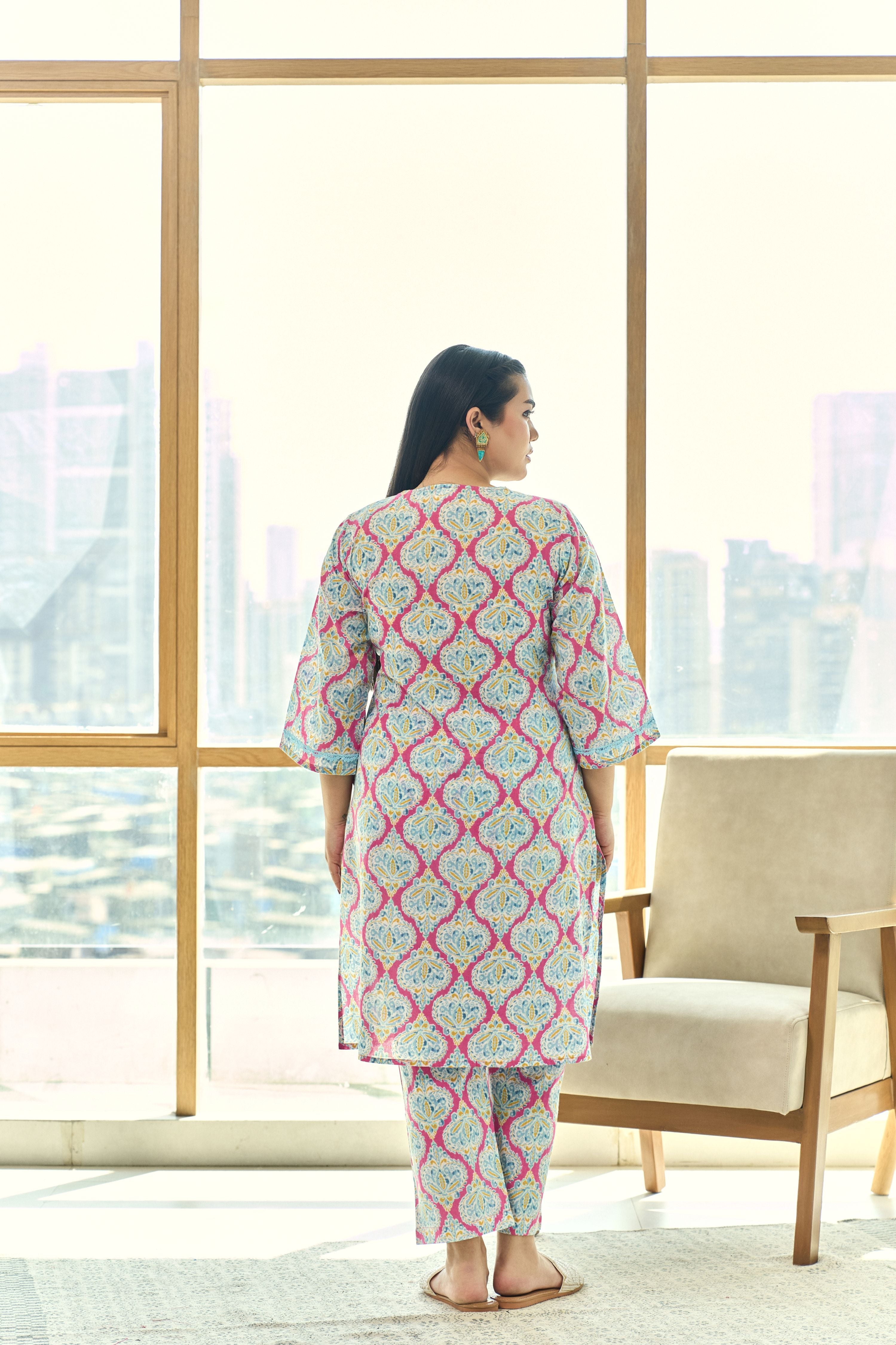 Women's Fuschia & Azure Blue Block Print Kurta With Crochet Lace Detailing(Set Of 2) - Nangalia Ruchira