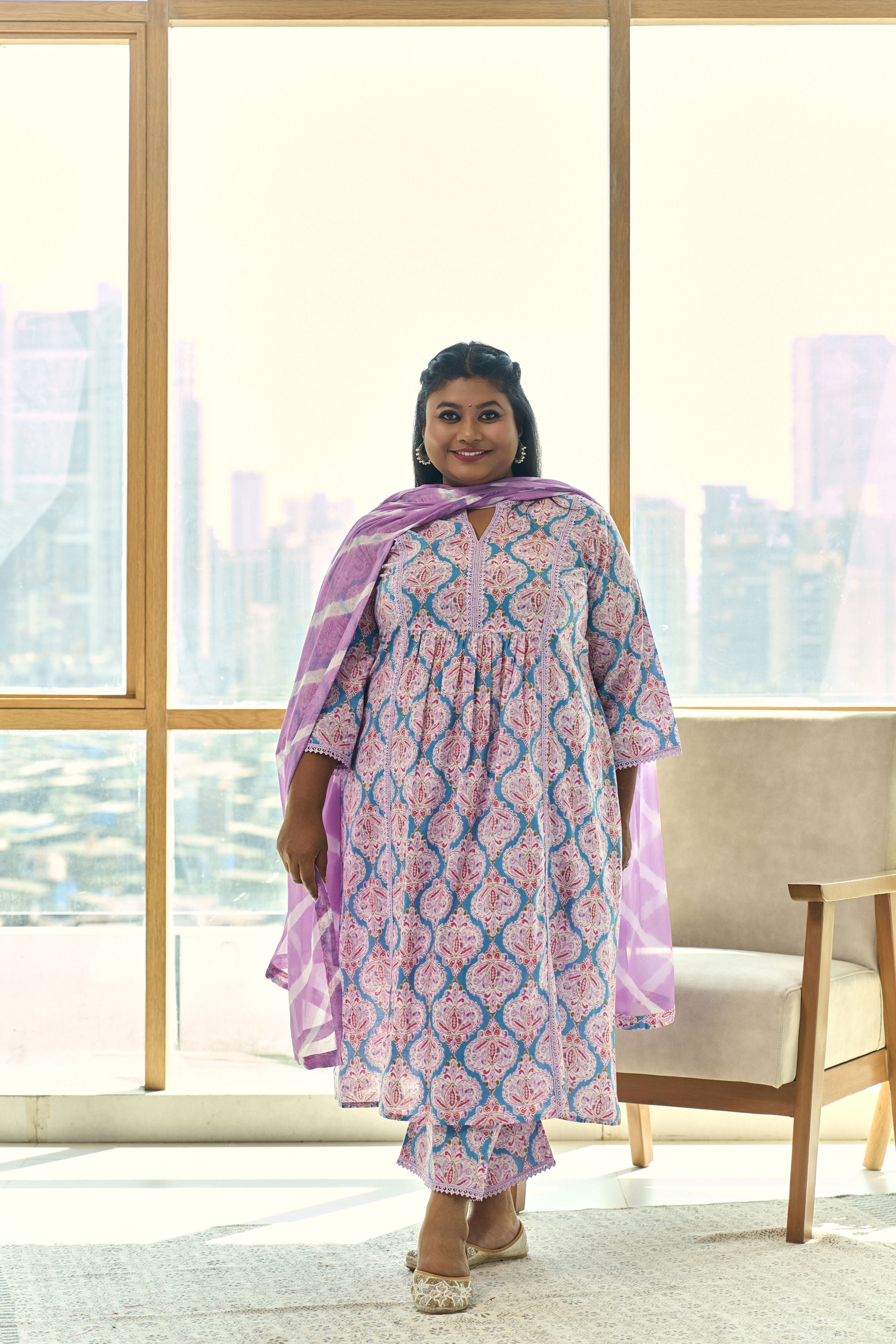 Women's Turq & Lilac Block Print Kurta (Set Of 3) With Leheriya Dupatta - Nangalia Ruchira