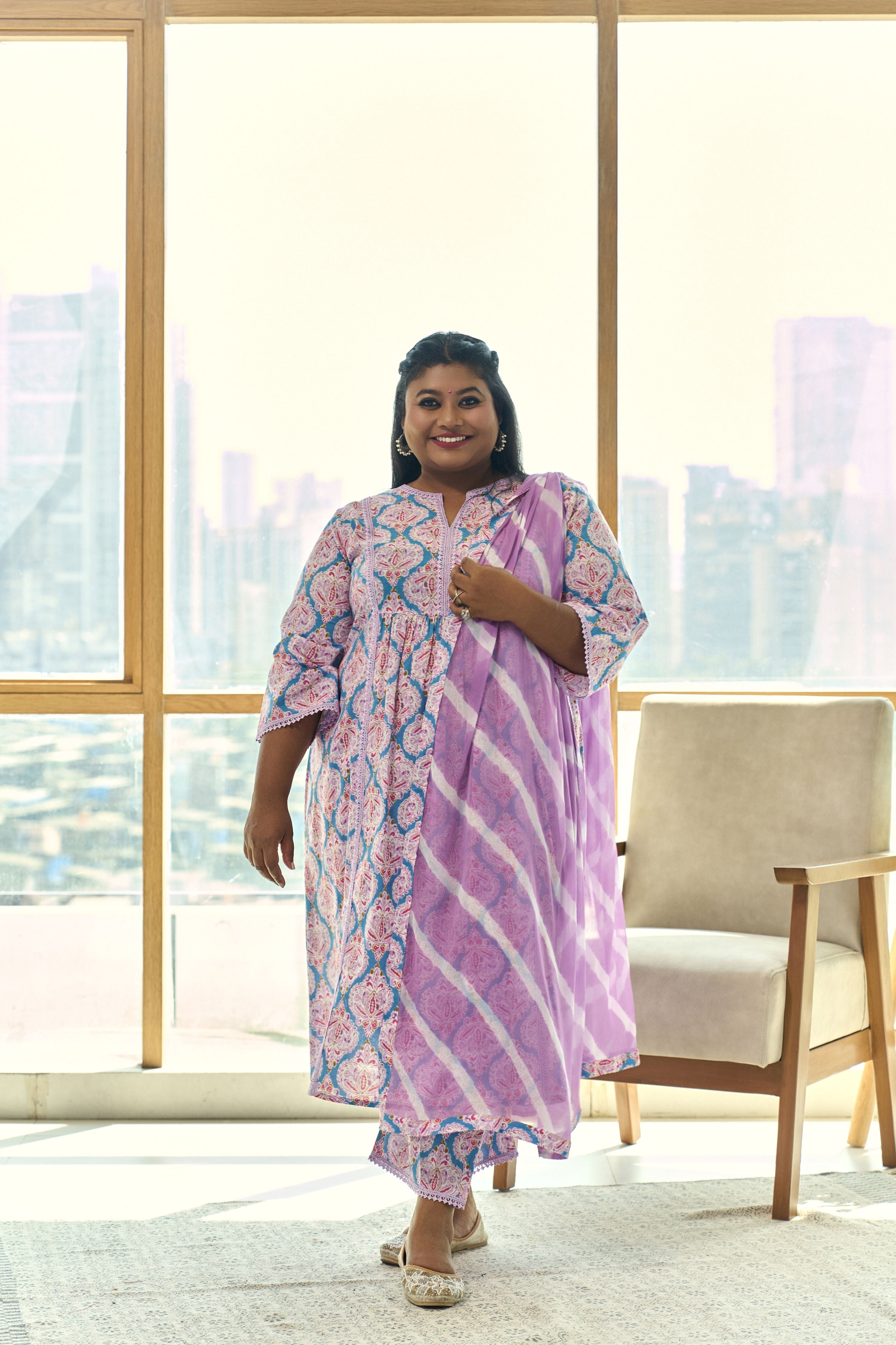 Women's Turq & Lilac Block Print Kurta (Set Of 3) With Leheriya Dupatta - Nangalia Ruchira