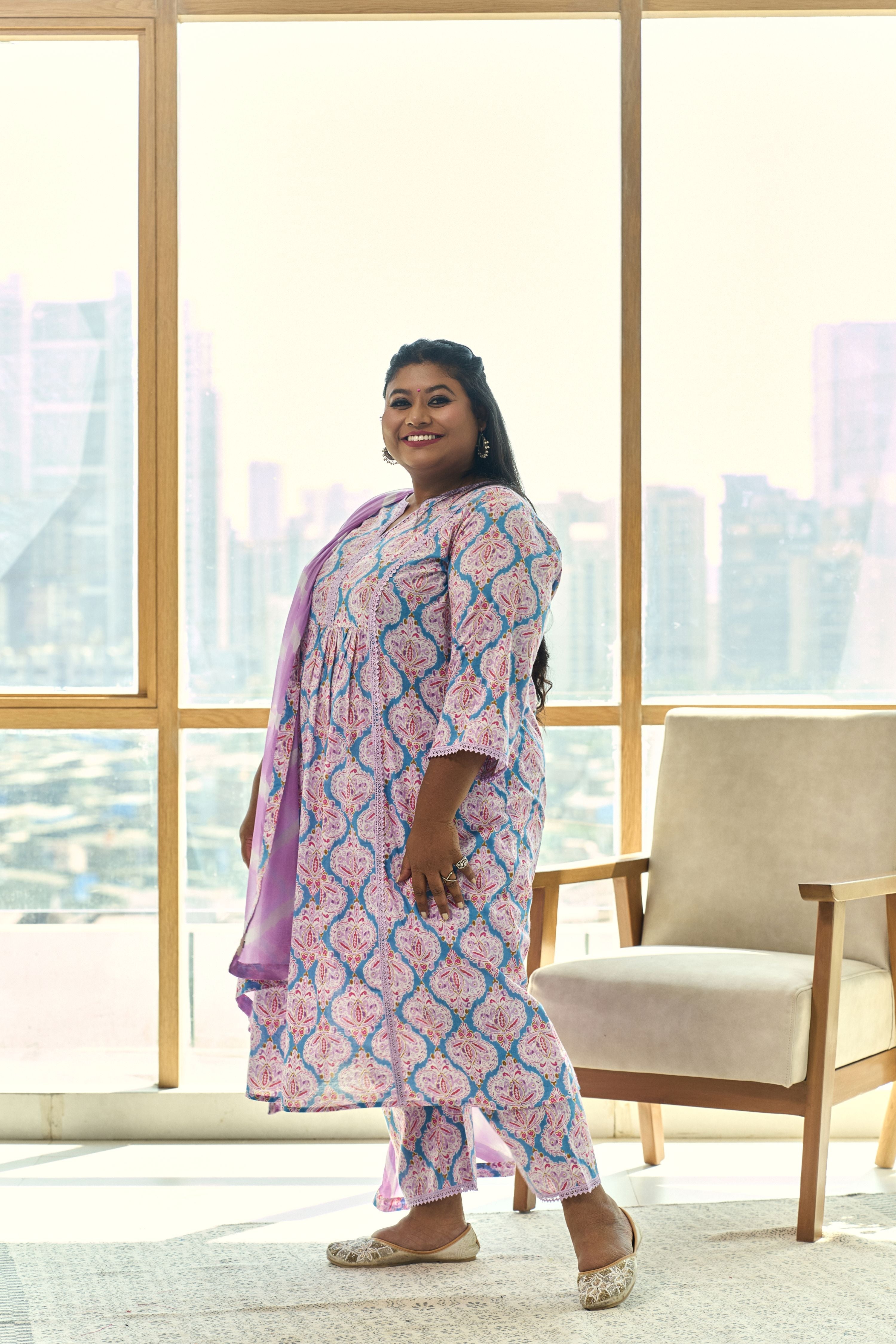 Women's Turq & Lilac Block Print Kurta (Set Of 3) With Leheriya Dupatta - Nangalia Ruchira