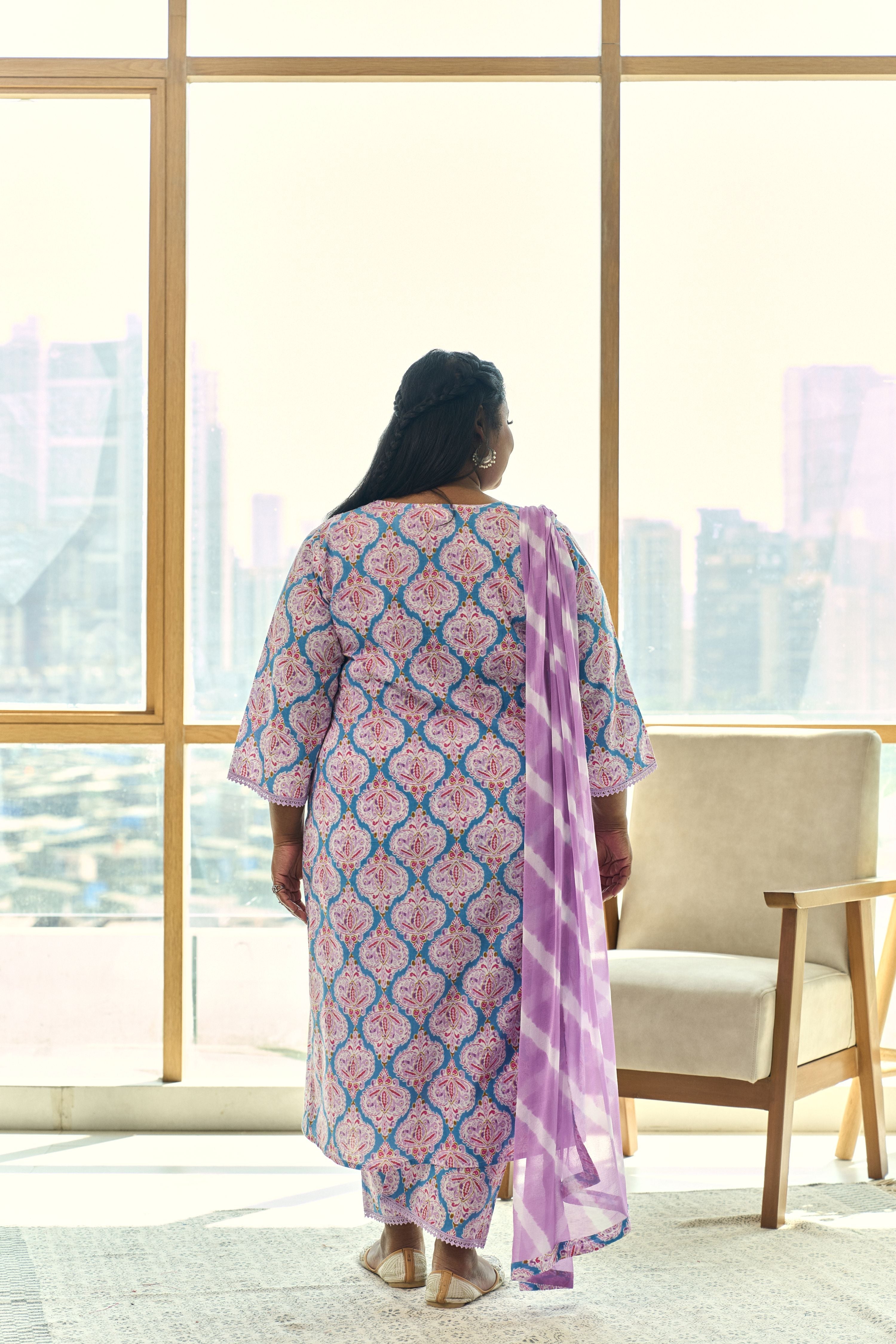 Women's Turq & Lilac Block Print Kurta (Set Of 3) With Leheriya Dupatta - Nangalia Ruchira
