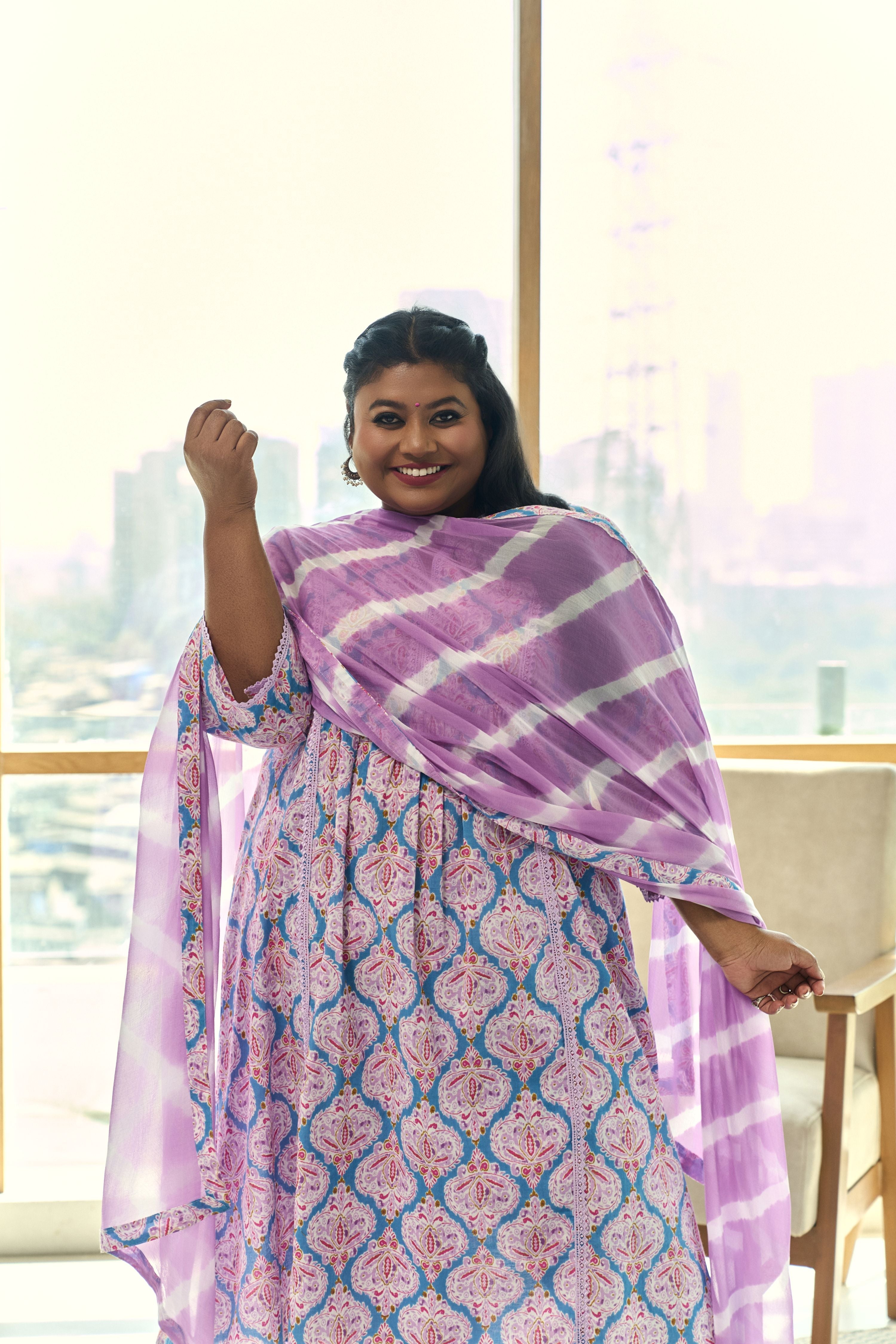 Women's Turq & Lilac Block Print Kurta (Set Of 3) With Leheriya Dupatta - Nangalia Ruchira