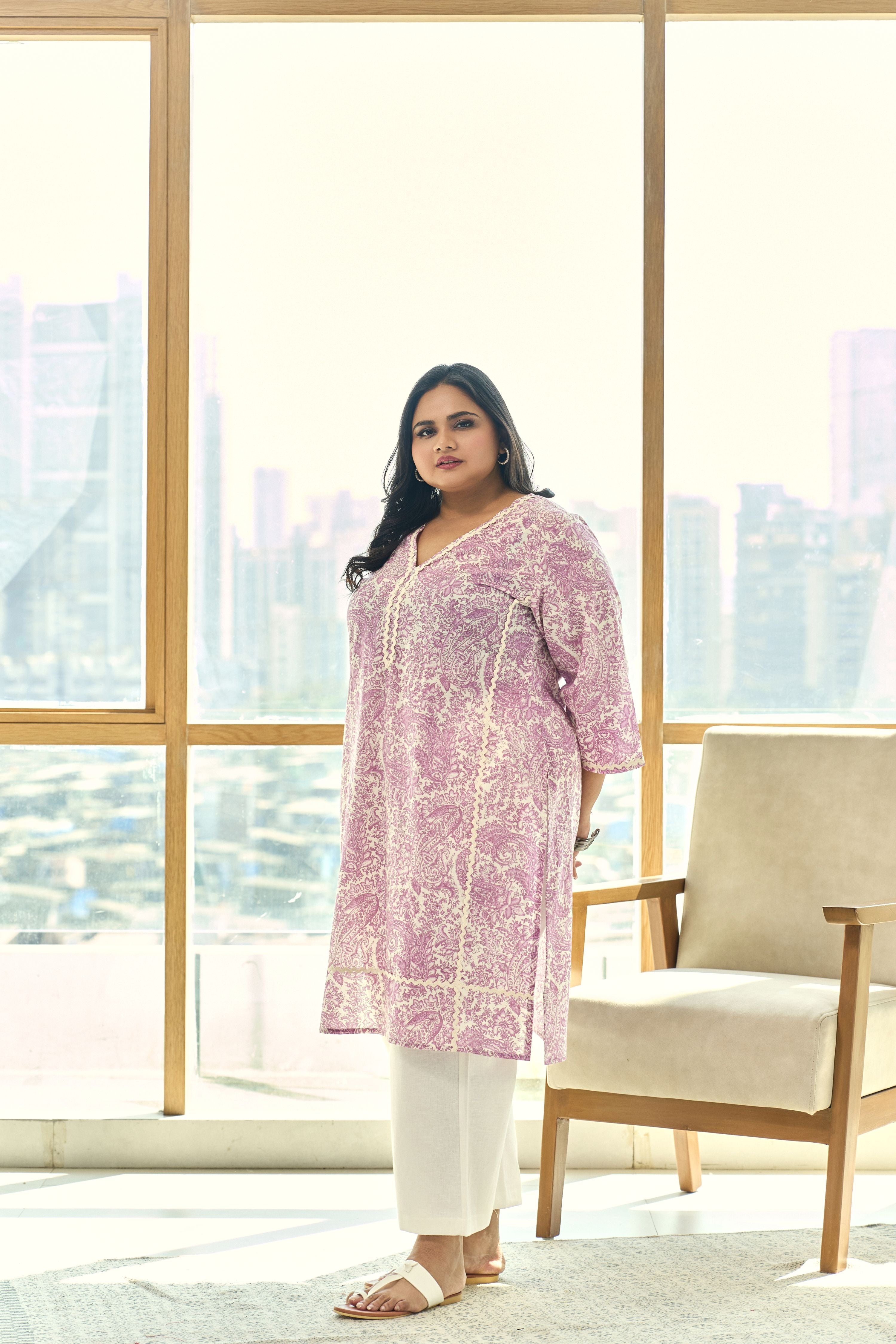Women's Elegant Block Print Dusty Lilac Kurta(Only Kurta) - Nangalia Ruchira