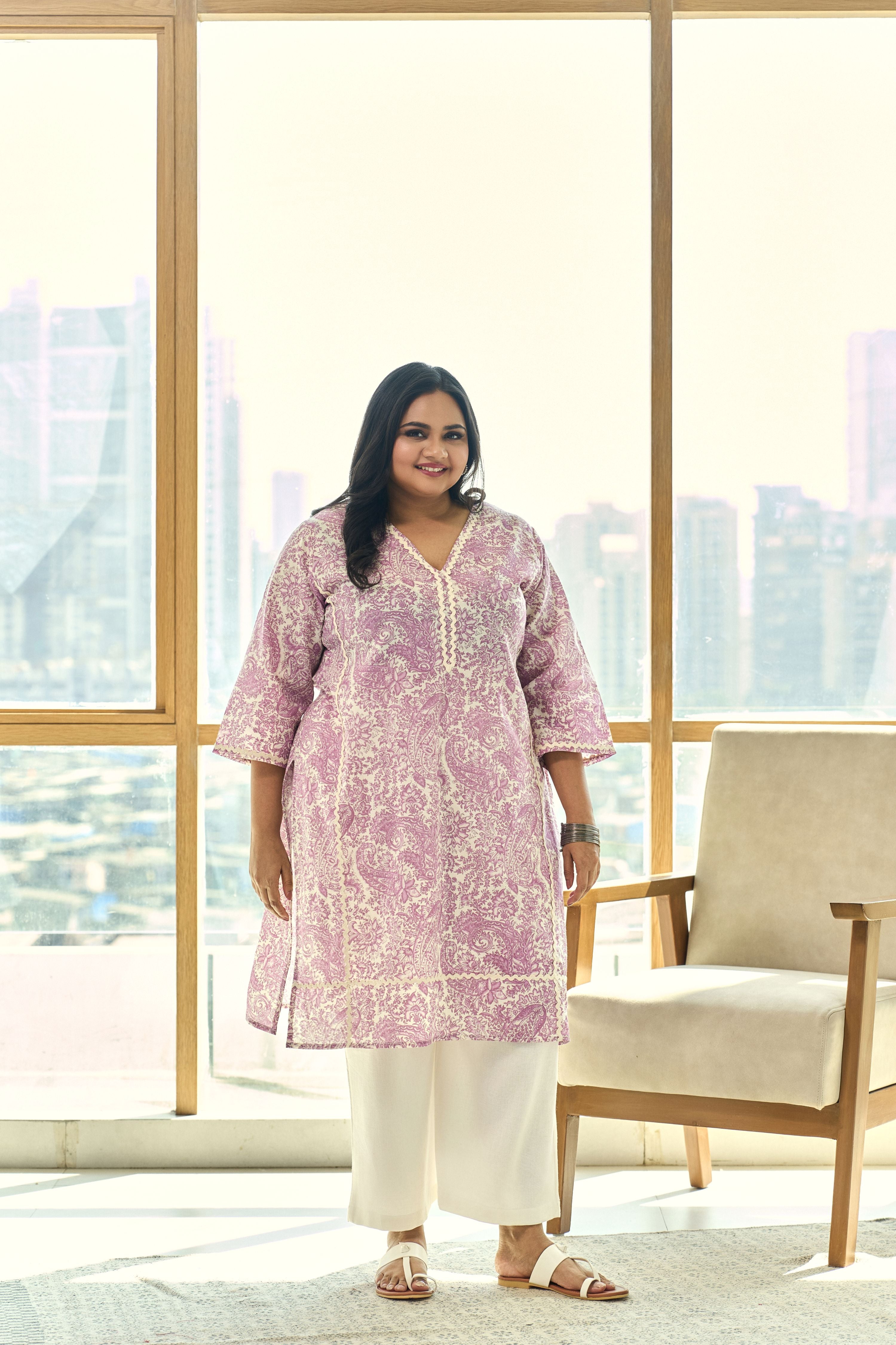 Women's Elegant Block Print Dusty Lilac Kurta(Only Kurta) - Nangalia Ruchira