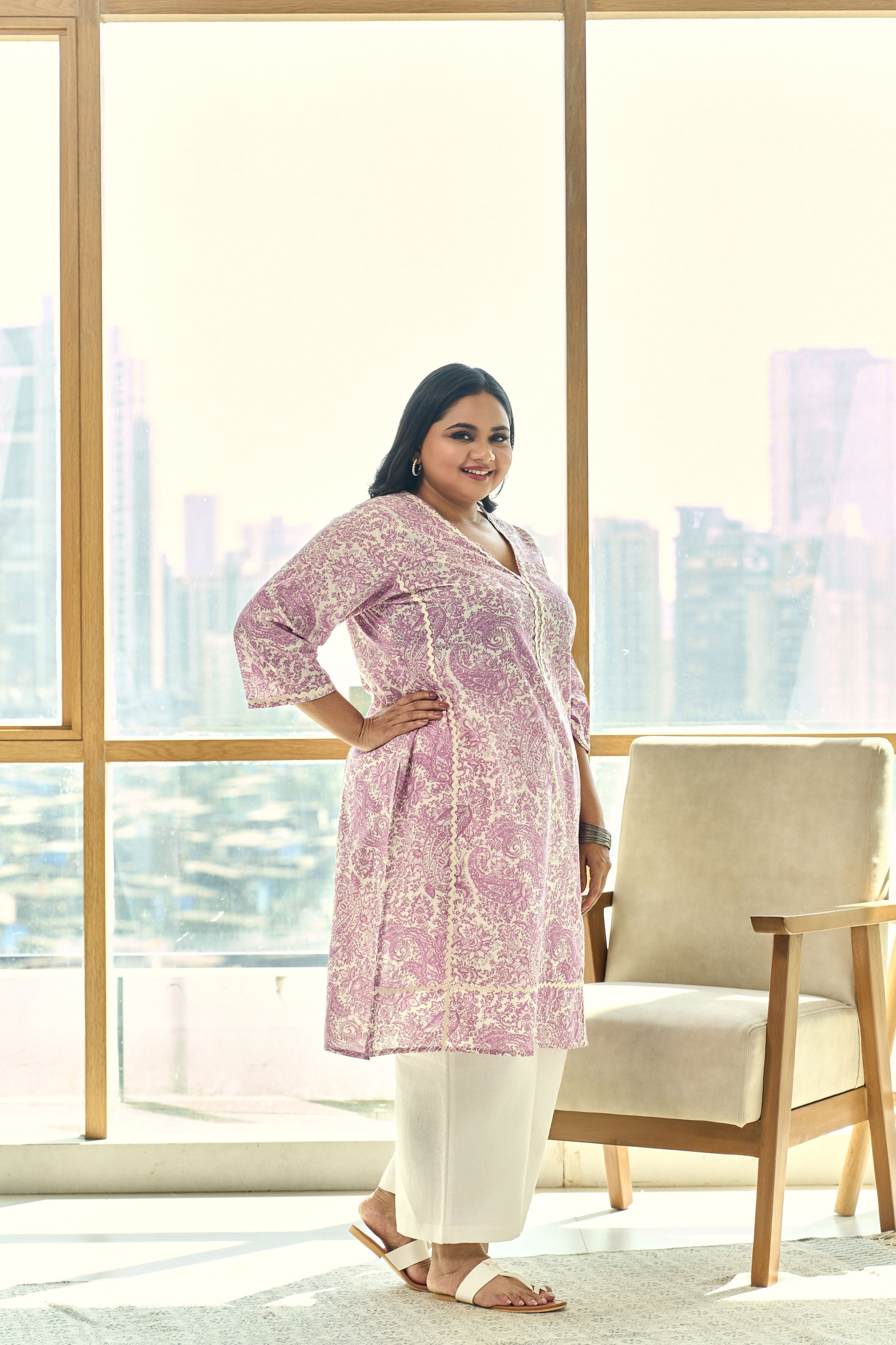 Women's Elegant Block Print Dusty Lilac Kurta(Only Kurta) - Nangalia Ruchira