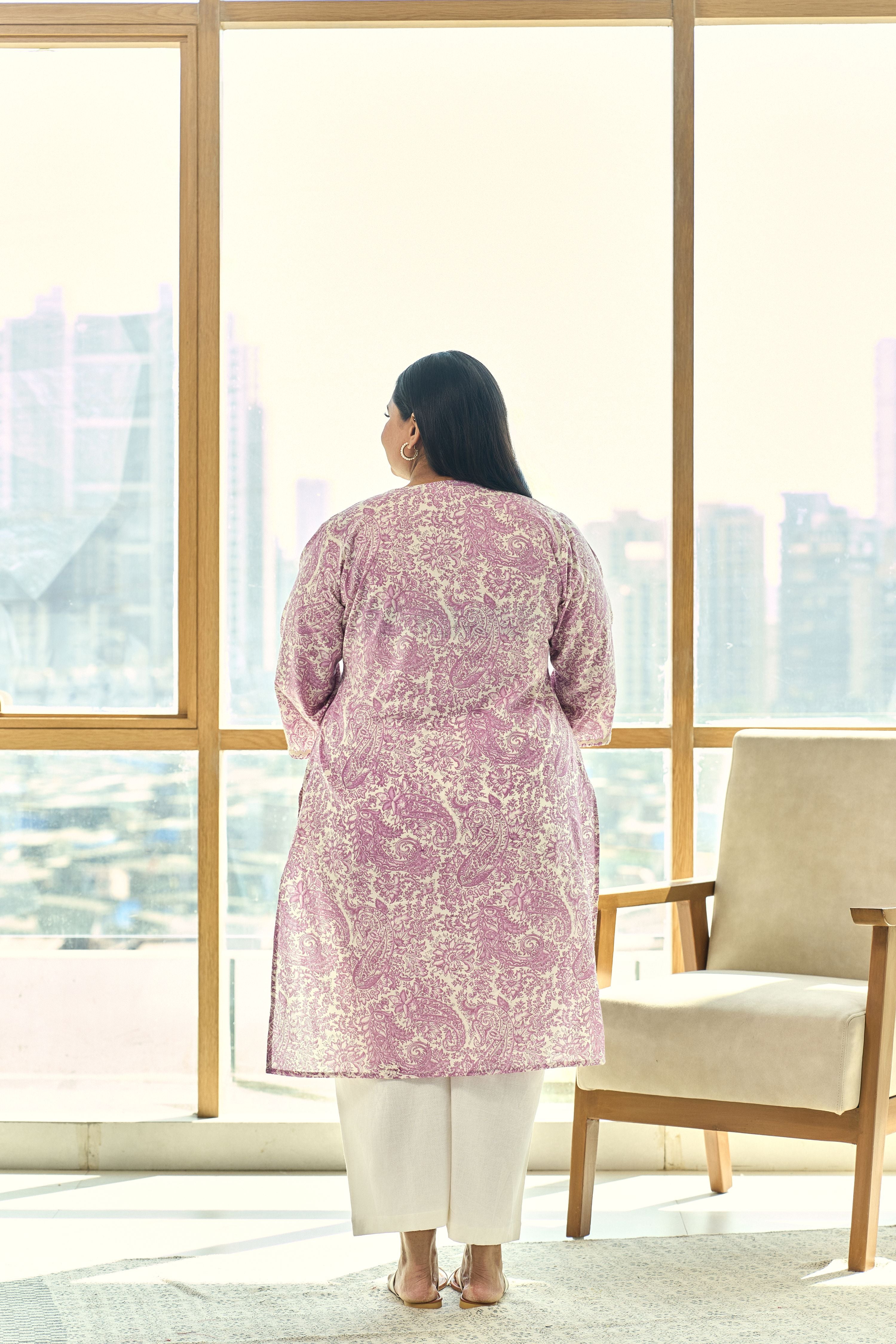 Women's Elegant Block Print Dusty Lilac Kurta(Only Kurta) - Nangalia Ruchira