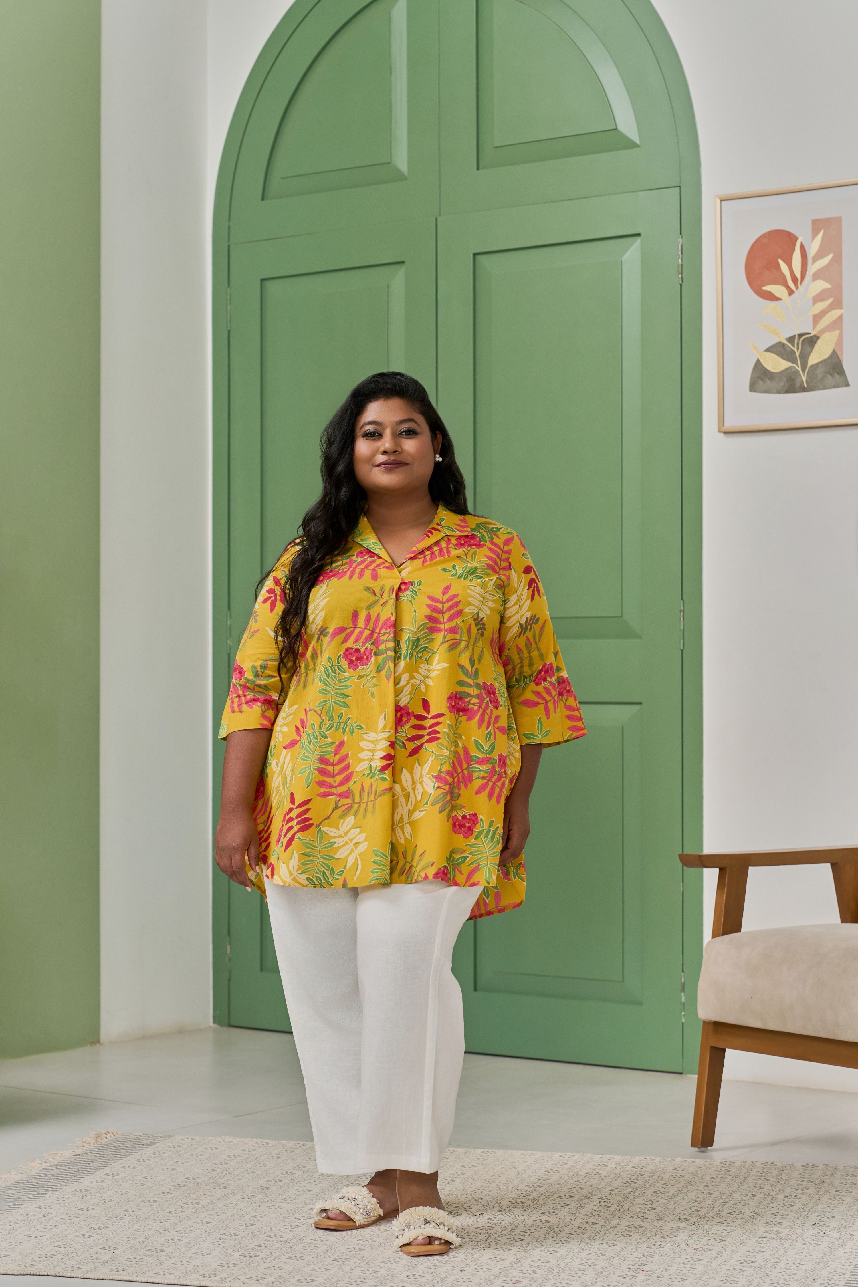 Women's Mustard Bloom Screen Printed Chic Comfort Top - Nangalia Ruchira