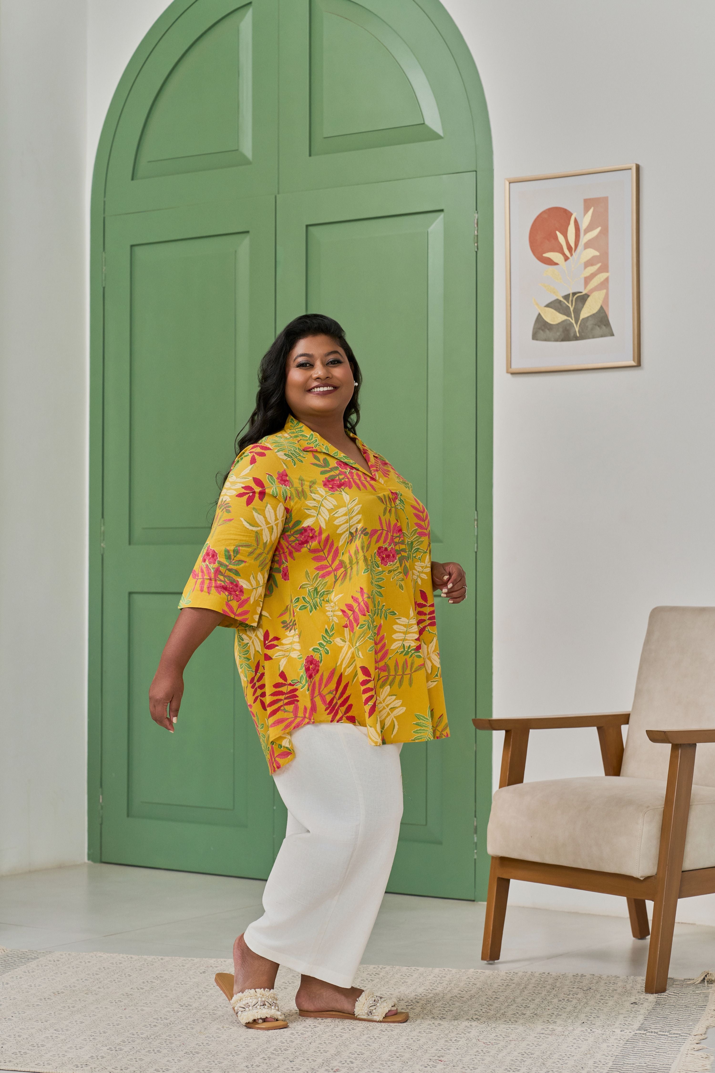 Women's Mustard Bloom Screen Printed Chic Comfort Top - Nangalia Ruchira