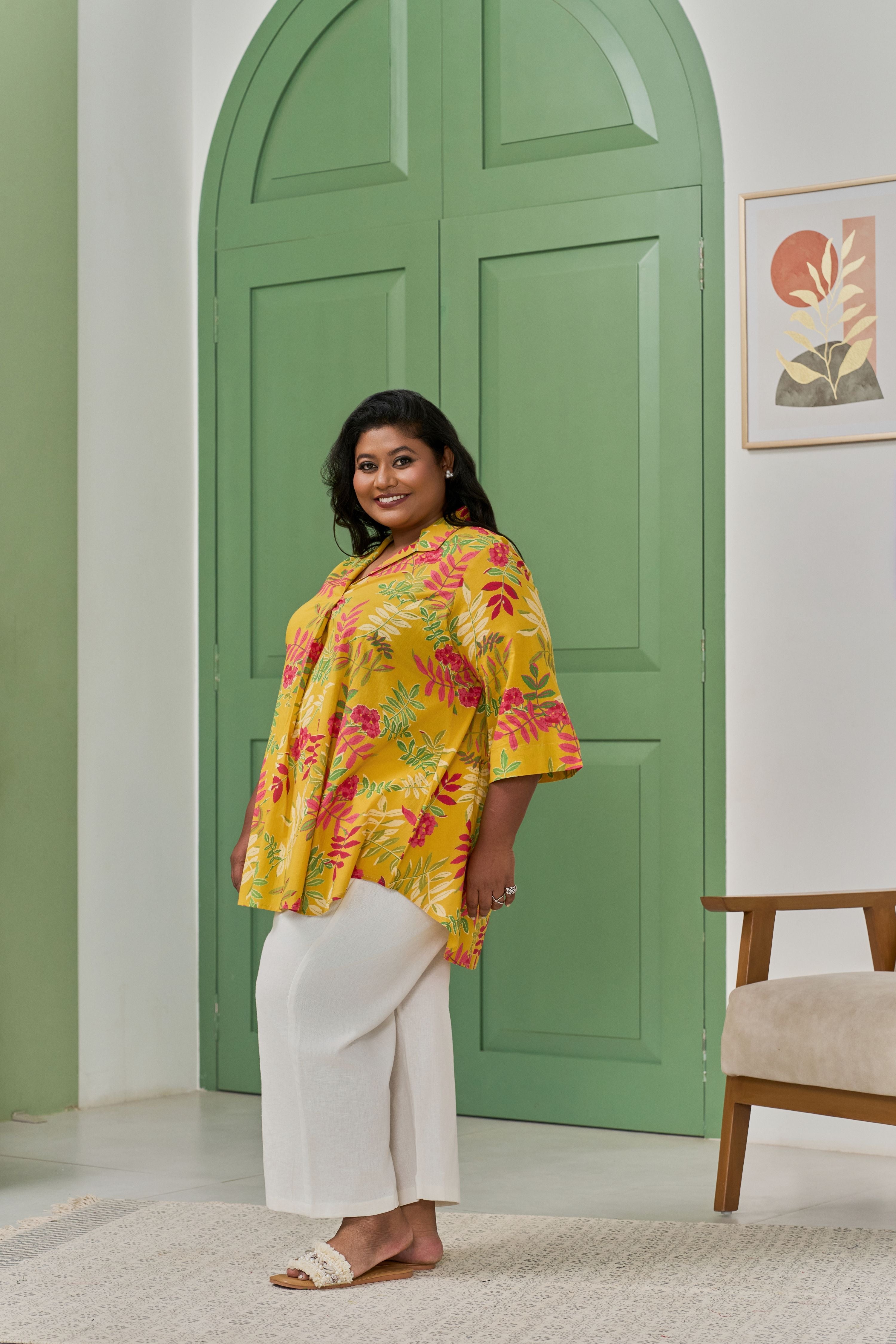 Women's Mustard Bloom Screen Printed Chic Comfort Top - Nangalia Ruchira