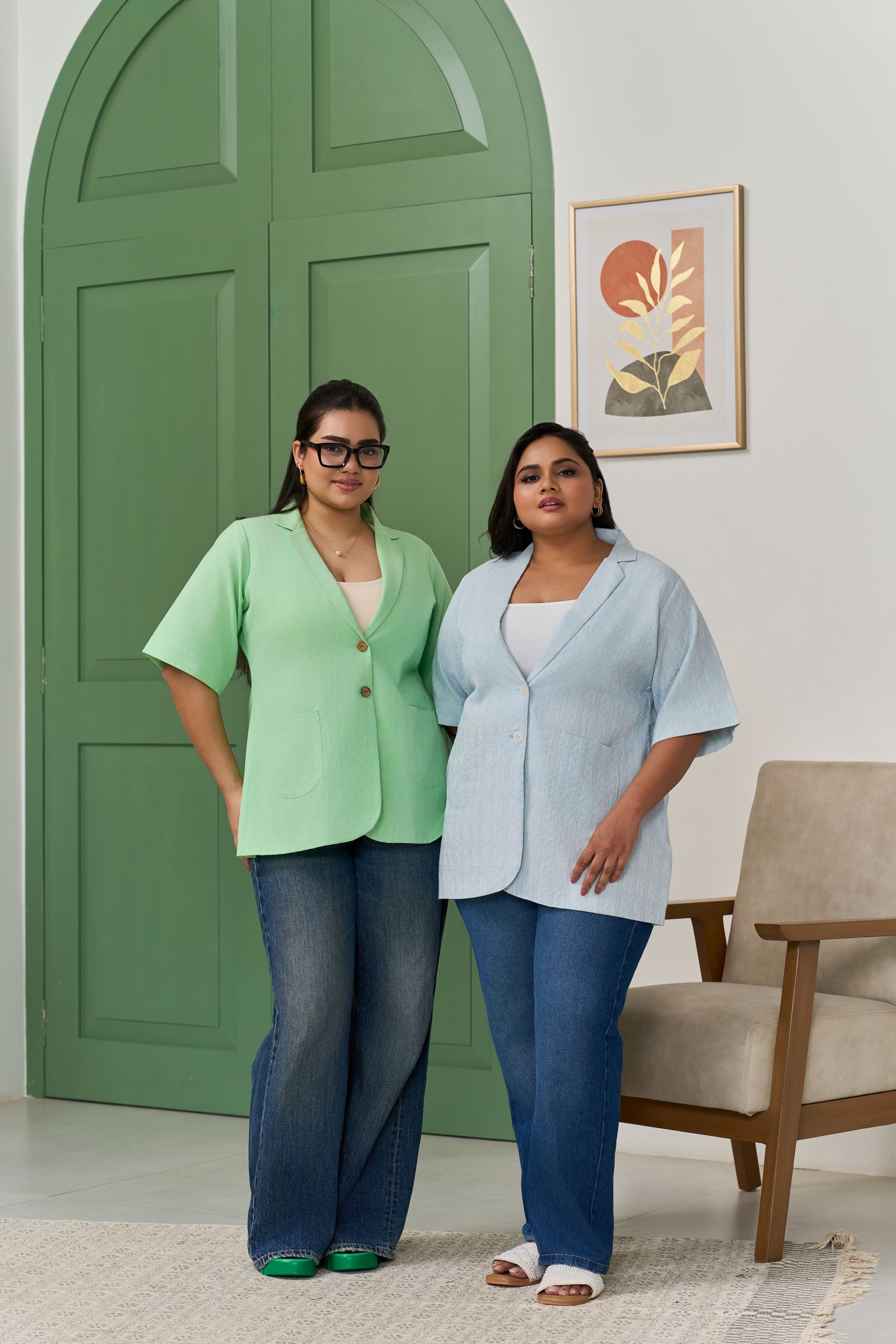 Women's Mint Green Linen Lapel Collar Jacket - Nangalia Ruchira