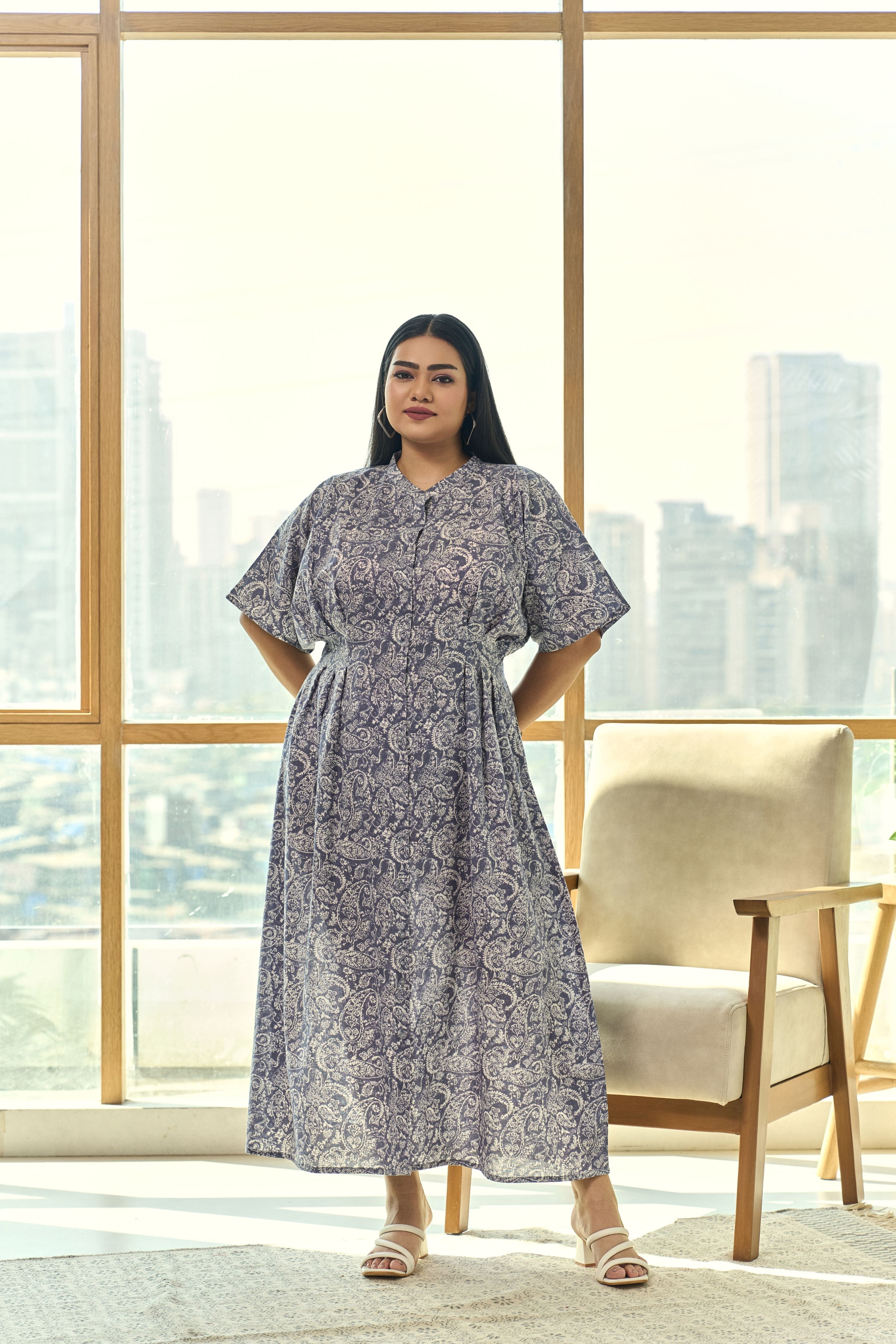 Women's Summer Chic Pleated Screen Print  Cotton Maxi Dress - Nangalia Ruchira