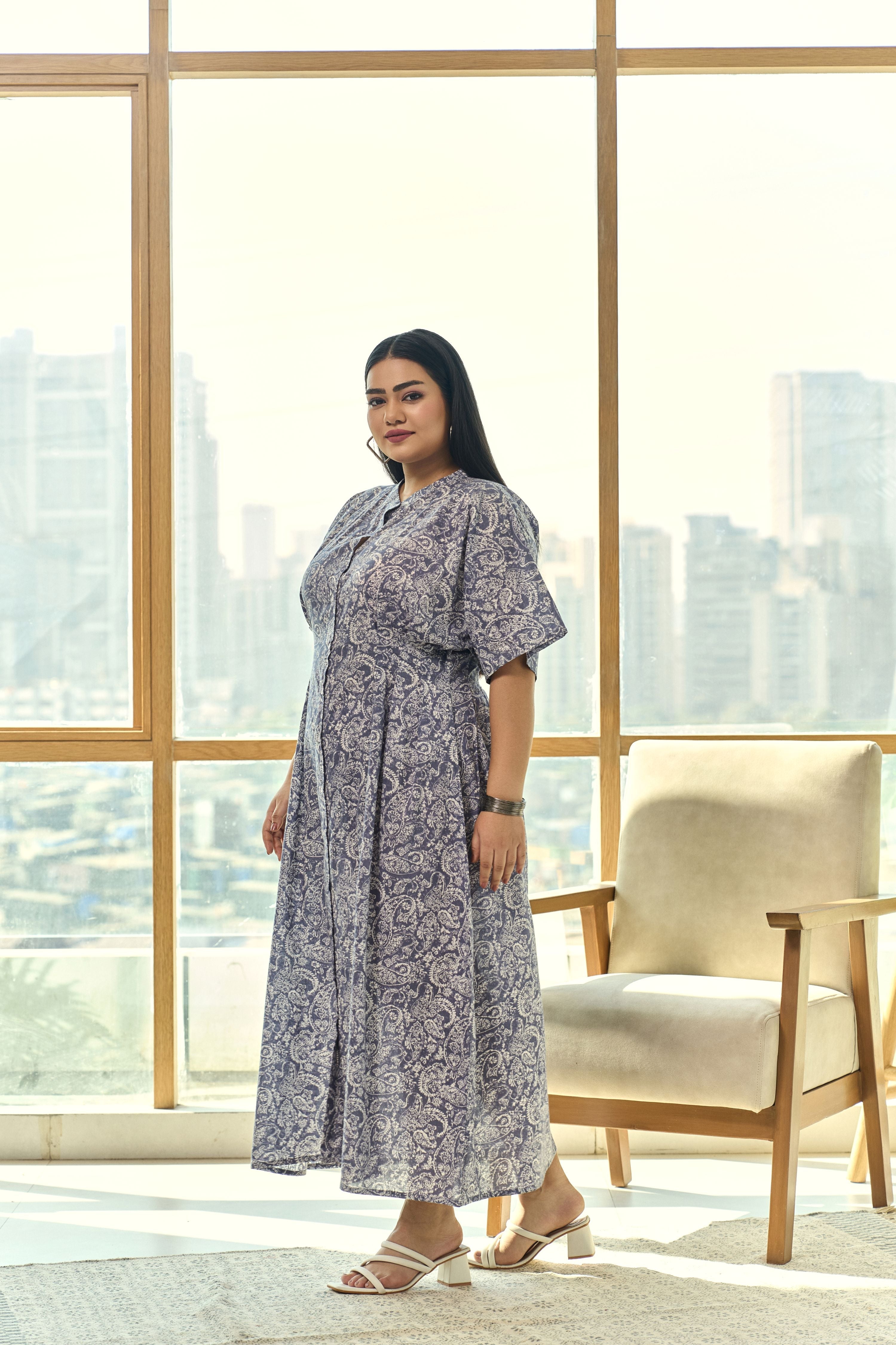 Women's Summer Chic Pleated Screen Print  Cotton Maxi Dress - Nangalia Ruchira
